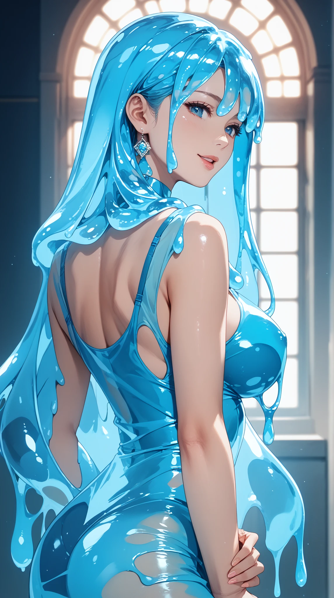 8K、full bodyesbian、Beautiful woman blushing looking at camera、Long blue hair in a ponytail、shinny skin、Water running through the skin、Very gigantic-breasts、extremely big ass、shinny skin 、Wet、Sheer mini shirt、See-through nipples、Visible cracks --auto --s2