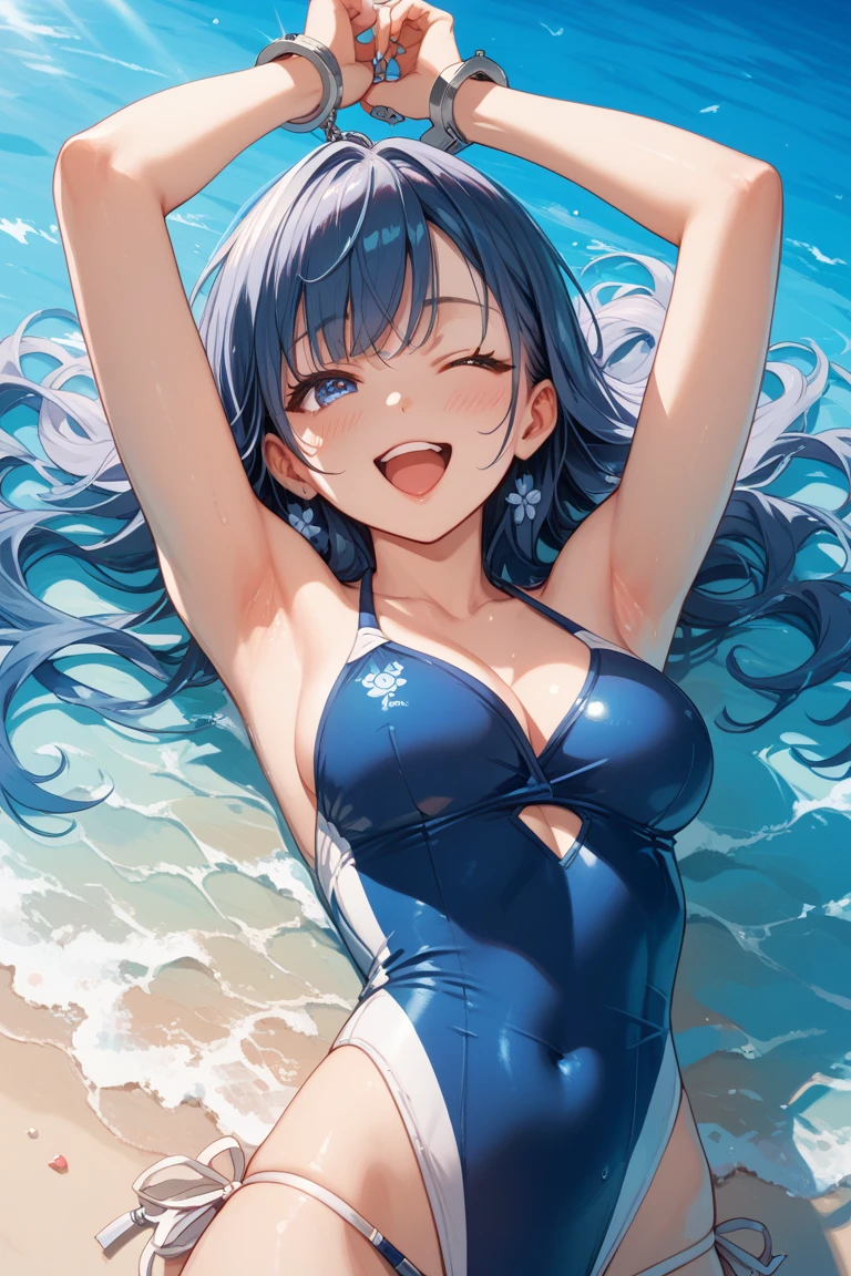 A woman wearing a separate swimsuit、Please draw an illustration of someone playing in the ocean while holding on to a swim ring.。The woman is laughing cheerfully、Having fun in the crystal clear water。In the background、It depicts the blue sea and a slightly rippling water surface.。