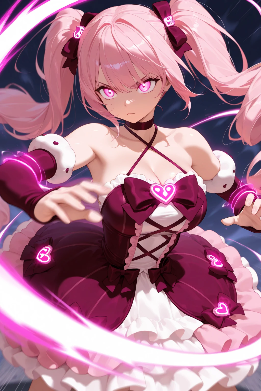 (Assymetrical) (Masterpiece), (The best quality), Perfect lighting, beautiful girl, perfect girl, (sexy), hands hidden, dark magician girl, (color pallette:neon green,neon purple), touching her long neon UVhair, flowing hair, dynamic pose, provocative pose, big tits, neckline, create a magic background using shades of pink purple and blue. Walking out of a magical heart shaped Portal.