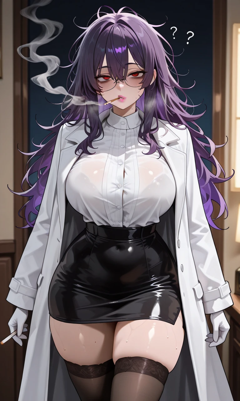 1girl, , , purple hair, messy hair, white shirt, open clothes,,white background ,full body,breasts,wide hips,hourglass body