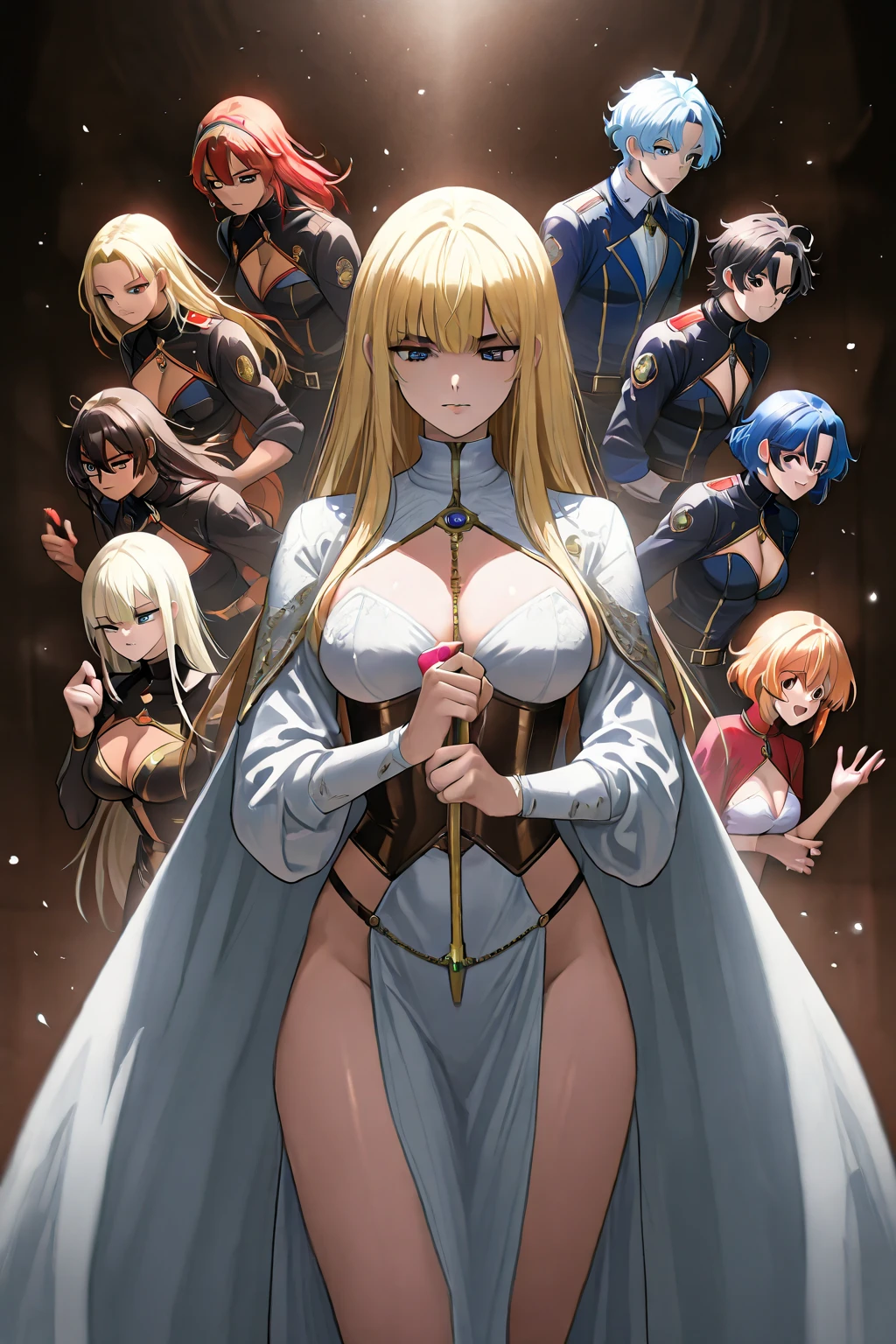 ((Highest quality)), ((masterpiece)), (detailed), (Perfect Face)、The woman is Tiare, a beautiful, sexy-dressed comfort woman with green eyes and medium-long blonde hair, who is lined up in an orderly fashion with other sexy-dressed comfort women on an Imperial spaceship and serves Emperor Palpatine in allegiance.