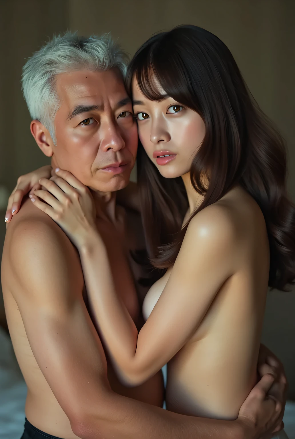 (best quality, highres, masterpiece, photorealistic:1.2),(HDR, vivid colors, wide angle, seen from below),((2people):1.65), (((a very old man with bare body, chinese man likeness):1.0) and (young girl with sagging breast, red hair, slim fit body):1.43)), posing for a naked picture, professional dynamic lighting, (upperbody:1.3), naughty expressions, (atractive poses), ((leaning back on bed at the hotel room):1.4), foggy and snowy background, cool tones, intimate atmosphere, romantic vibe, photon mapping