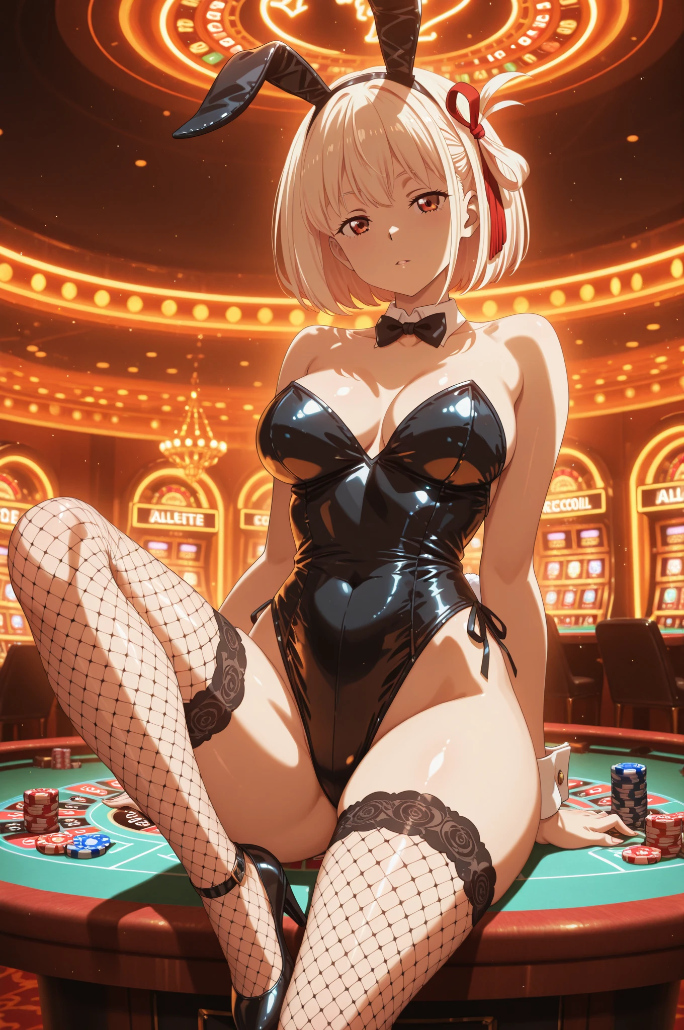 Olga discordia, purple pasties on breast and pussy, fish net on legs and thigh, J cup breast, thicc thigh, succubus mark, casino scenes