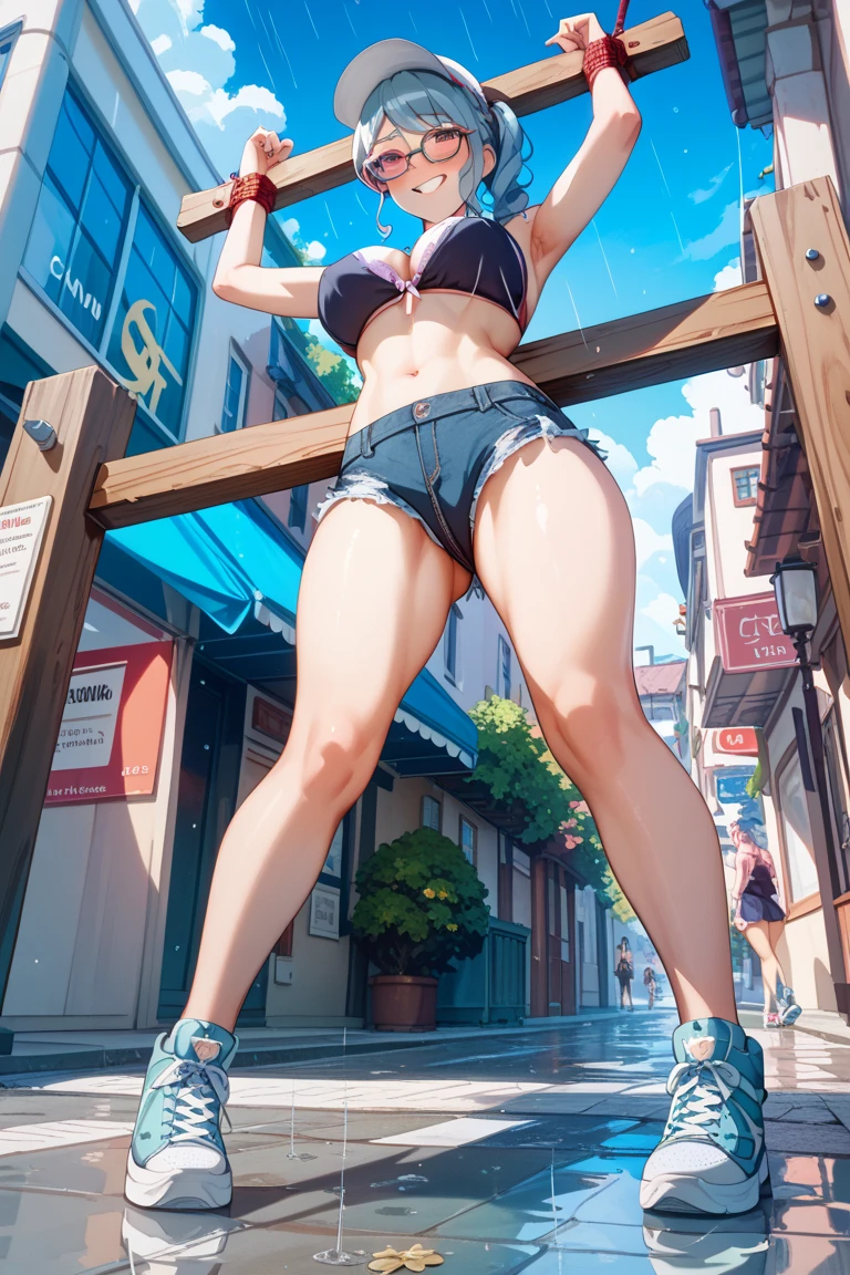 ((5000 foot tall girlfriend)) masterpiece, high definition, massive legs towering over you, human goddess, tight bikini, beautiful eyes, massive underboob, thicc, tall, massive girl growing