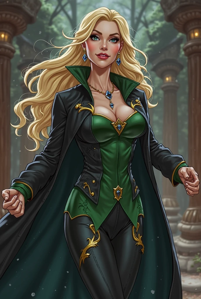 ((masterpiece, best quality)), insaneres, absurdres, solo, outdoors,
GreenBodySuit_enchantress_AEMH_ownwaifu,
1girl, blonde hair, bare shoulders, green eyes, long hair, lipstick, makeup, medium breasts, breasts, crown, red lips, horns, helmet,
cleavage, detached sleeves, green dress, pantyhose, strapless dress, elbow gloves, collarbone, skirt, animification, gloves, superhero,bridal gauntlets, retro artstyle, vambraces, long sleeves, striped, armor, black pants, black pantyhose, covered navel, green bodysuit,
(wading, looking back), water,<lora:MARVEL_AmoraTheEnchantress_AEMH_ownwaifu:0.75>,
lens flare, depth of field, bokeh, embers, vanishing point, looking at viewer,