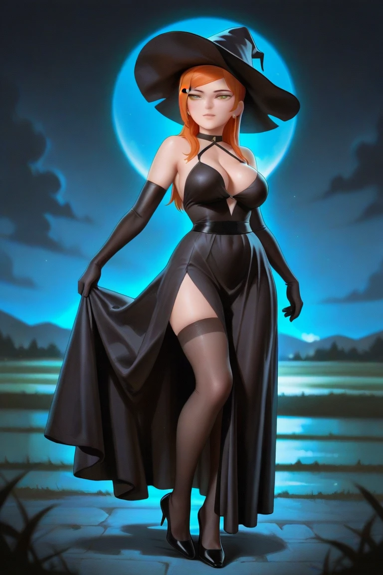 Figurer of Redhead, witch, sexy pose, big breasts, China dress, short hair, witch hat
