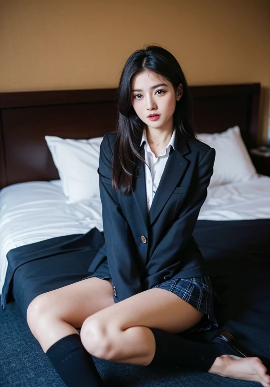 absurdress,Highres,Hyperdetailed),Highres,1girle,PerfectNwsjMajic,sitting on a bed,fulllllbody,looks at the viewer,s mouth open,Open your clothes,Come and kiss,school uniforms,