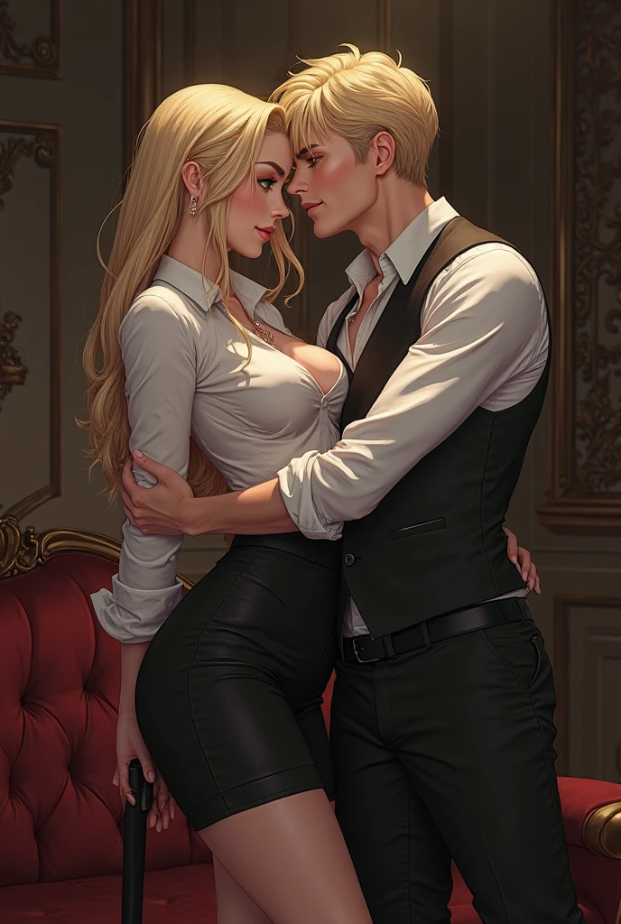 The picture shows three people: 1 woman (an incredibly beautiful young fateful golden-haired blonde woman, she has blue eyes, long golden hair, short tight dress) and two men: the first man (a tall handsome young man platinum blonde with blue eyes, he is wearing a business suit, tanned skin, long straight platinum hair), the second man (a young, shorter, handsome man, platinum blonde with green eyes, long bangs, dressed in jeans and a white T-shirt).They are in love with each other. Masterpiece, detailed study of the face, beautiful face, beautiful facial features, perfect image, realistic shots, detailed study of faces, full-length image, 8k, detailed image, extremely detailed illustration, a real masterpiece of the highest quality, with careful drawing.