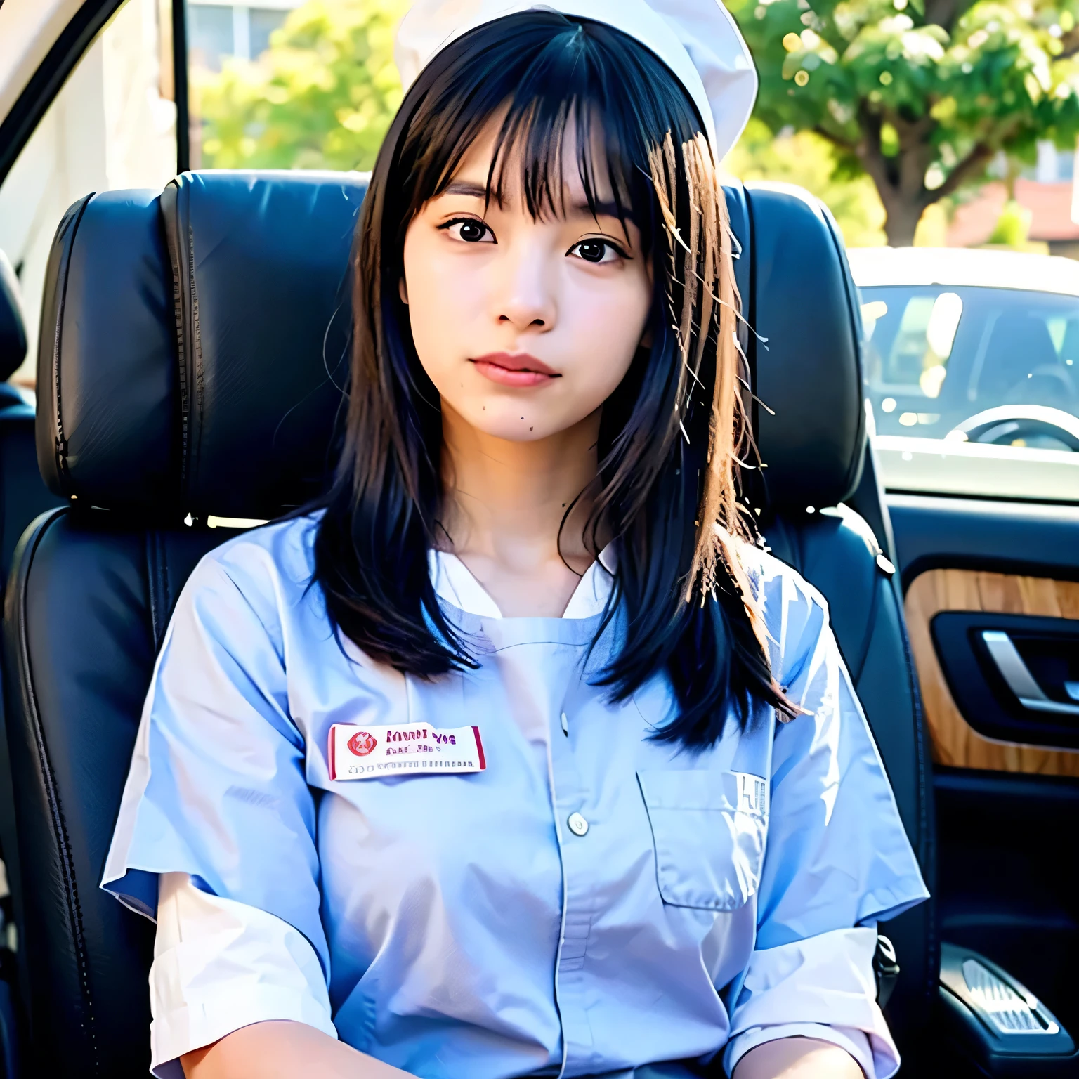 A beautiful girl sitting in the passenger seat of a compact car. She's wearing a light blue nurse uniform with a matching nurse cap, styled in a soft, elegant way. She leans slightly toward the driver's seat, her upper body tilted forward naturally. Her hands are gently held close to her mouth in a tender, thoughtful gesture, as if she's imagining holding something important and delicious. Her lips are slightly parted, and her expression is dreamy, blissful, and full of quiet delight, as if savoring a moment in her mind. The scene is warmly lit, cozy, and filled with a subtle sense of intimacy inside the small car interior. No food is visible. long hair, dark hair, dark eyes.