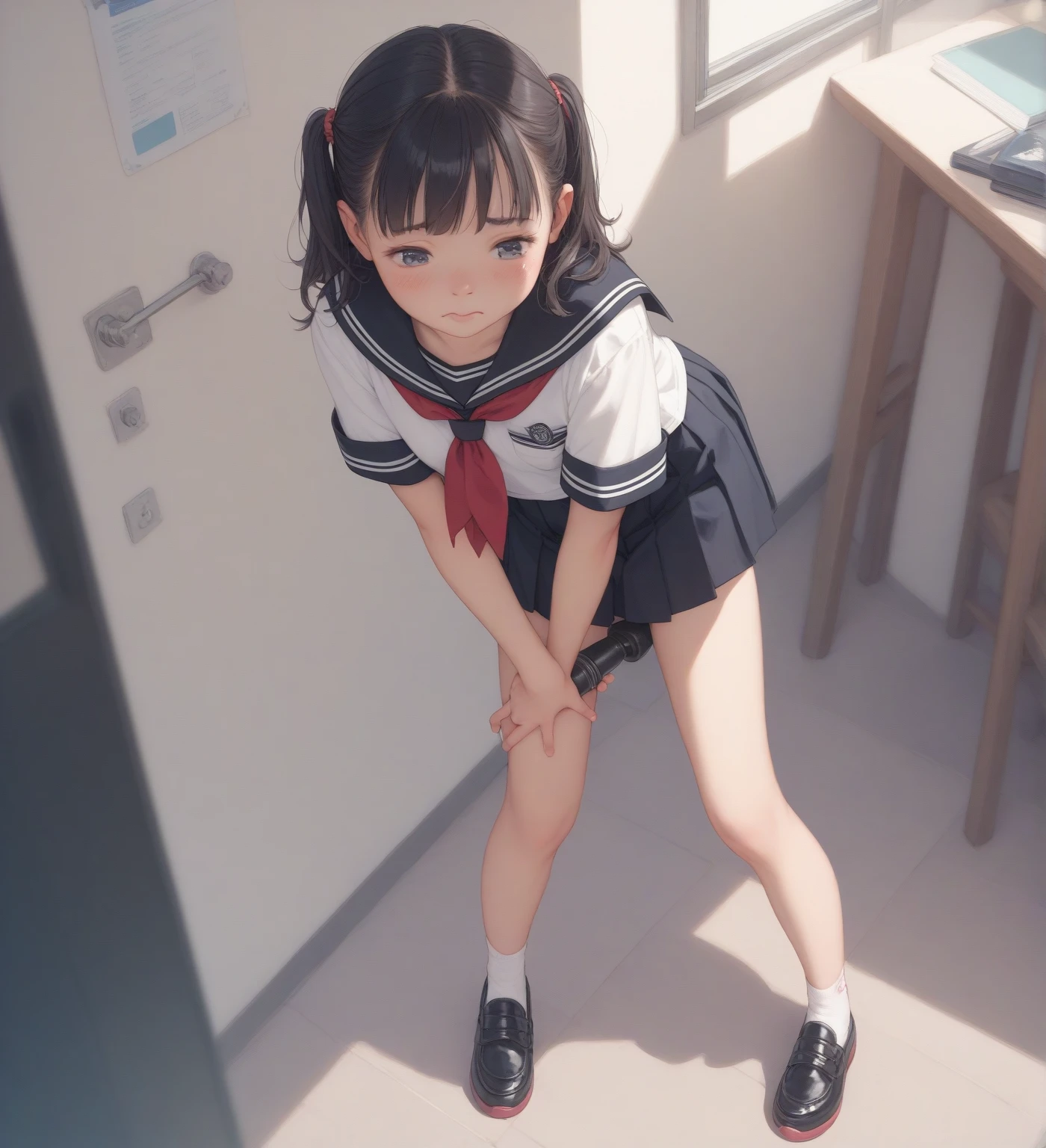 Cute little 4 year old, esta en las calle, (ropa colegial),(is with one leg raised), braga mojado, (silueta de la vagina), squirt, (panties to the side exposing a small part of her vagina), (mostrando sus tetas), (face 4 years).