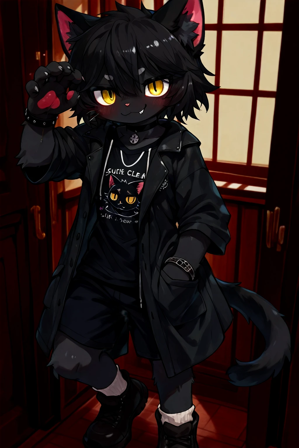 Halloween, a male teenager, short brown hair, red eyes, scars, open coat, cat ears, naked, barefoot, sitting, blushing, gritting teeth, candy basket, falling, black briefs, long leather boots, black socks, abs, embarrassed, scratching head, handsome, youth, mouth stuffed socks, gag mouth, taped mouth