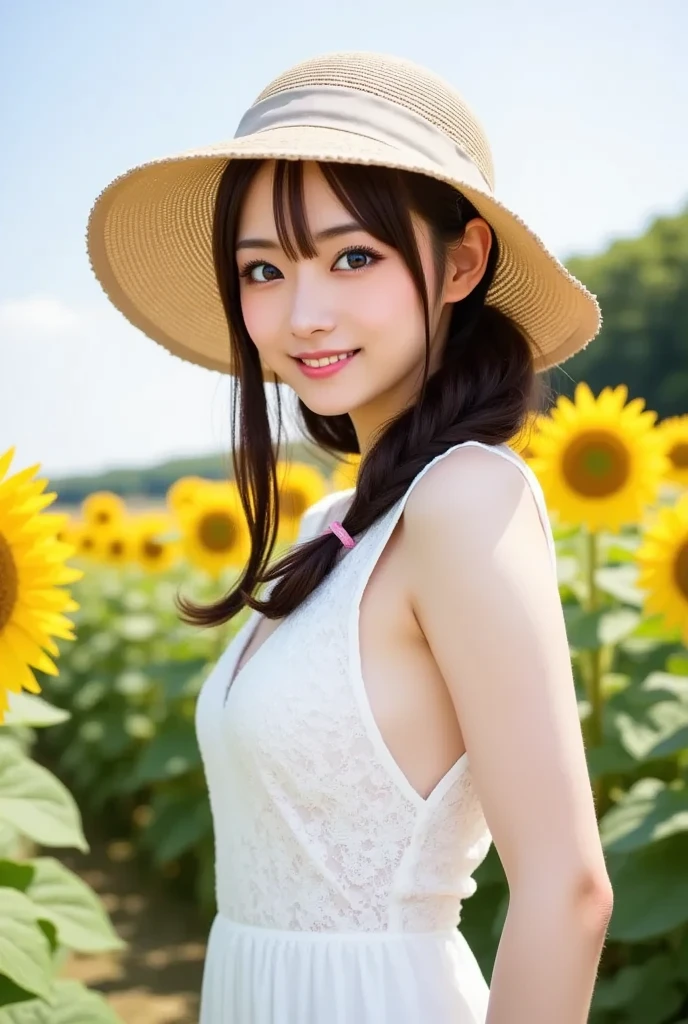 top-quality, ​masterpiece, (Realistic:1.2), sunflowers fields, The upper part of the body, Sunlight, solar flare，Very windy、big eye，a smile，Pure white dress with open chest，Put on a big straw hat、Holding the straw hat with your hands，Fluttering long hair，fluttering long skirt