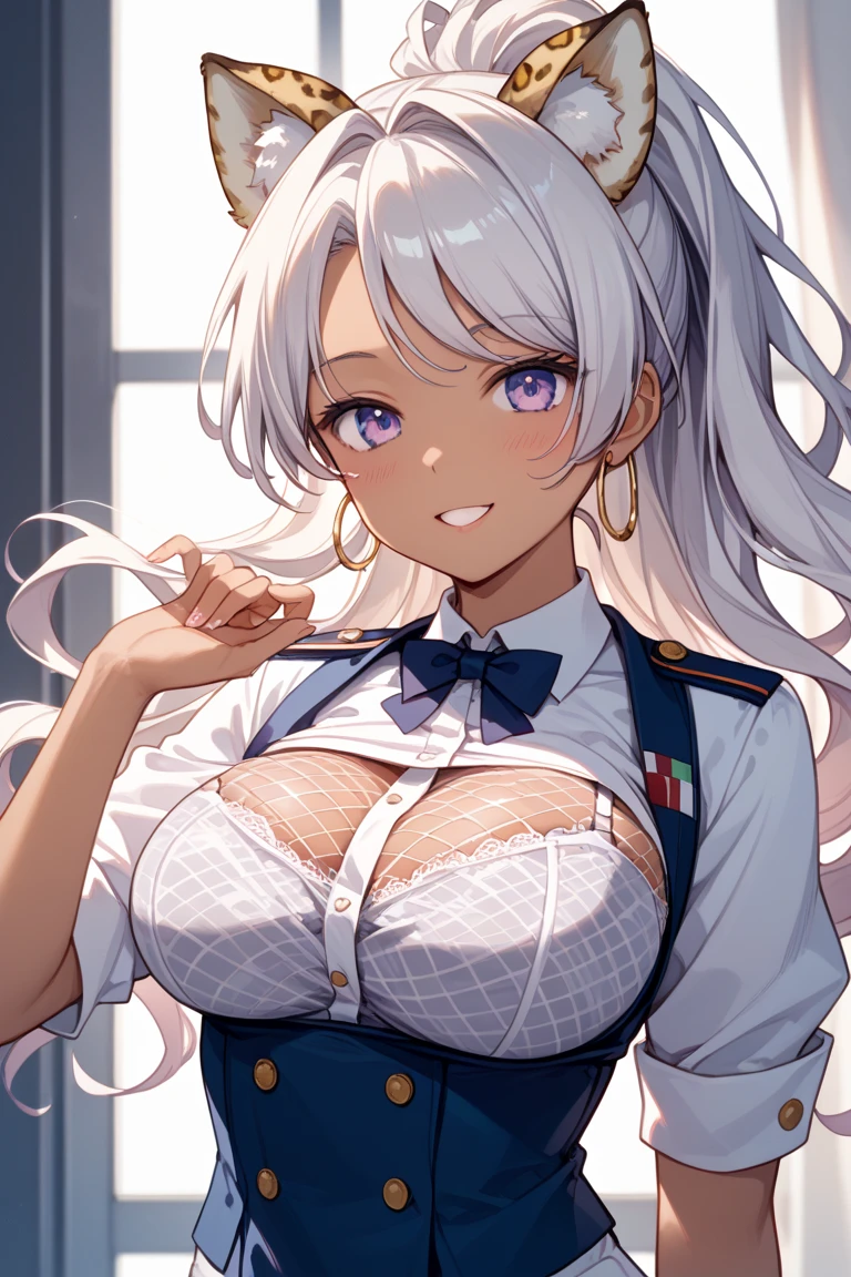 Silver-haired busty high school girl, breasts, breeze, skirt, cleavage