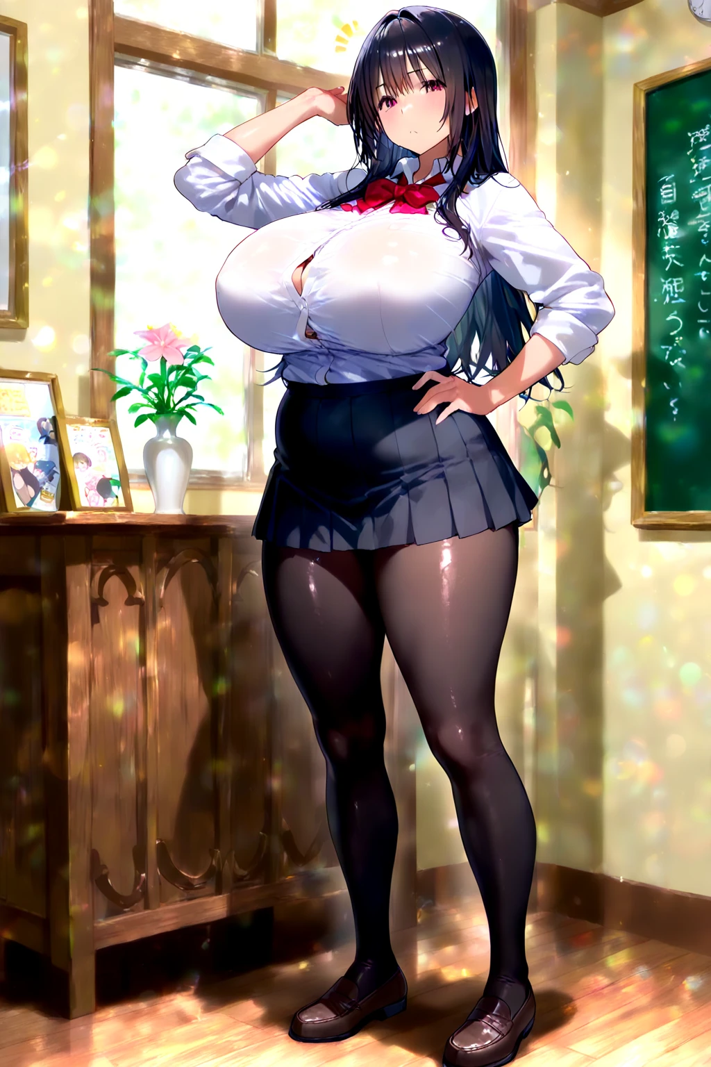 (8k, highest quality, table top:1.4), (intricate details:1.3), (realistic), (super detailed), 1 girl, alone, (married woman、40 generations)、Beautiful woman、mature woman, (sensual smile:1.35), Front view, (leaning forward:1.2), showing cleavage, looking at the viewer, Nankoku Resort, fine long hair, (fluffy long black hair), fine eyes,, hourglass body shape, (Sensual curvaceous body:1.1), (huge breasts), thick thighs, wide hips, small waist、( uniform),(sexy sailor suit ),(pleated mini skirt)、realistic lighting, natural soft light, dynamic lighting