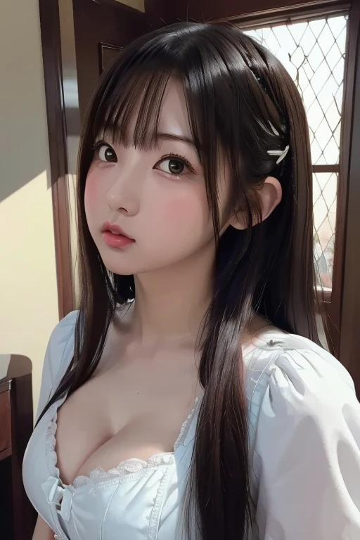 masterpiece, best quality, highres, 1girl 22 ahoge hair ornament, kimono , cleavage