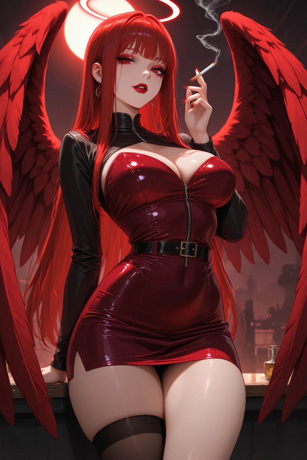 (blank black background, no background, soft dim lighting:1.2), best quality, (view from above, full body focus:0.7), rating_explicit, score_9, score_8_up, score_8, score_9, score_8_up, score_7_up, score_6_up, embedding:zPDXL3, dredd_harpy, harpy housewife, long pointy ears, massive tits, thicc, wide hips, (colored skin, black skin:1.2), hair top bun, red hair, bikini top and latex mini skirt, cleavage, covered nipples, smiling expression, (standing with arms up:1.2), (green eyes, big detailed eyes:0.7)