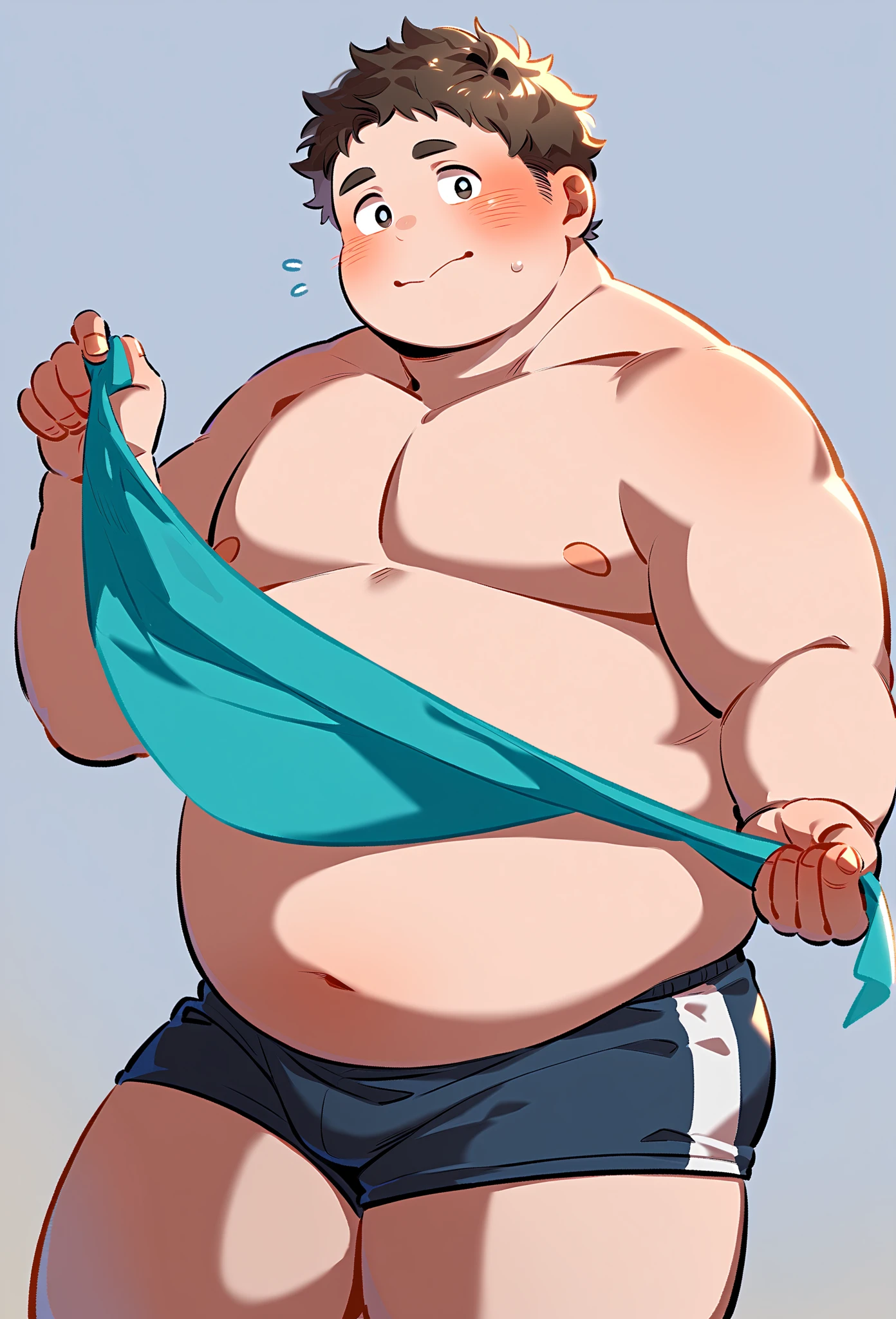 beautiful, chubby, (very short hair),pudgy face, (naughty) (high school students),((young)), (androgynous), (boyish), (handsome), thick, (shota), overweight, (beefy), (nipples), (cute), (little brat), (naughty brat), (へそ), (ぽっちゃりした体), big belly, (汗ばんだ体), (臭そうな体), ((tank top))