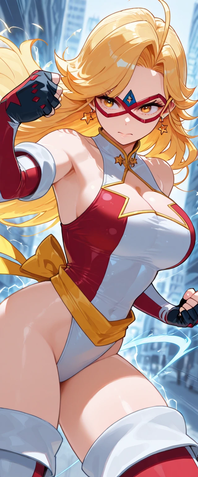 (original: 1.2), (SFW), Far Frame, solo, Masterpiece, Realistic, the best quality, beautiful clean face, a 1girl, Imperturbable, (light hair, big chest, Slim, wide thighs), Worth, Lancer Artoria, ((Blue, Golden leotard, (red cape with white fur), blue stockings), gold crown, erotica, moon, night, Simple background