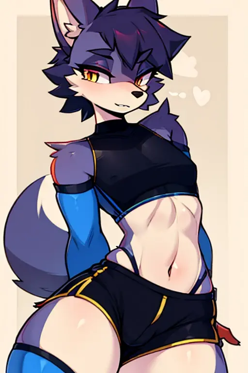 score_9,score_8_up,score_7_up,score_6_up,score_5_up,score_4_up, Lynx, purple fur, purple eyes, anthro, blue hair, purple hair, long hair, eyeliner, eyelashes, black eyeshadow, furry art, cheeks tuft, shoulder tuft, male focus, femboy, fingerless gloves, cute fangs, kemono, shota, fluffy neck, icon portrait, claws, black nails, navel, showing teeth, covered nipples, (by nextel), 3d, blender software, crop top, thong, bulge, ((erect penis underclothes)), medium hair, necklace, 5 fingers, slut written on clothes, hands on hips, black clothes, collar,
