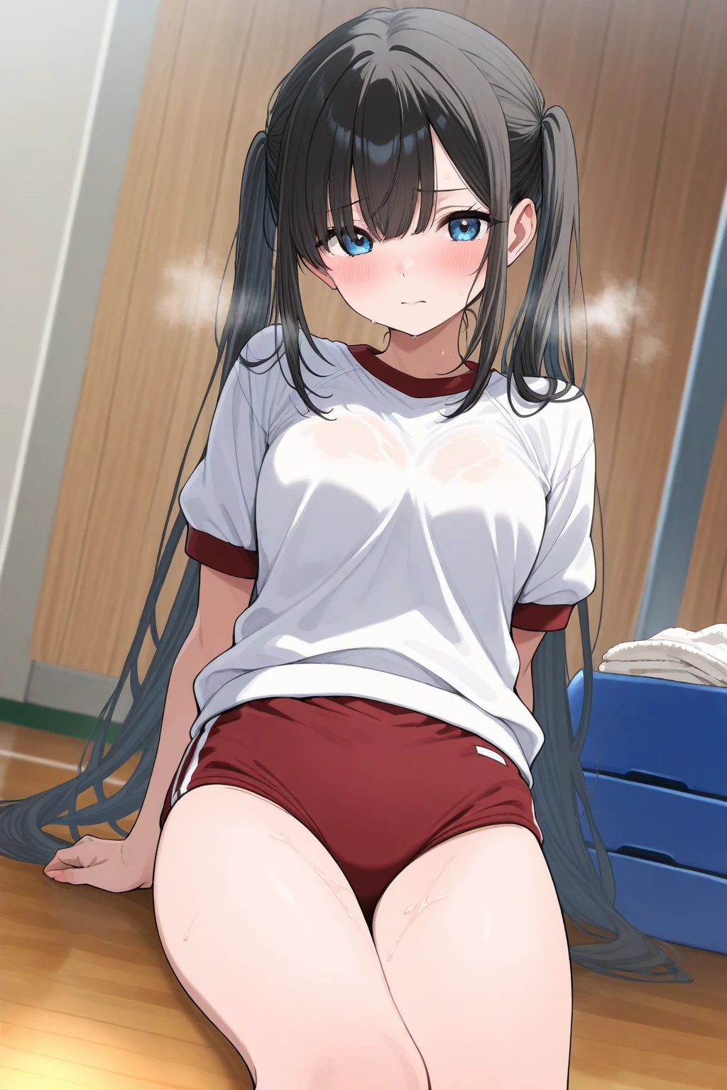 (((masterpiece, highest quality:1.3,absurdres))),cowboy shot,18 year old beauty,solo,((very small head:1.5)),ponytail hair style,long hair,blunt bangs,black hair,glay eyes,crying,drooling,medium breasts,((very long body,slender body)),skinny,gleaming skin,shiny skin,sweat,   ,(White short sleeve T-shirt, Red Ringer Neck, school gym red buruma),Love juice:1.3,Wet crotch、white sneaker shoes,   ,Showing off your crotch,lying,spread legs,arms behind back,School playground、at night、moonlight、
