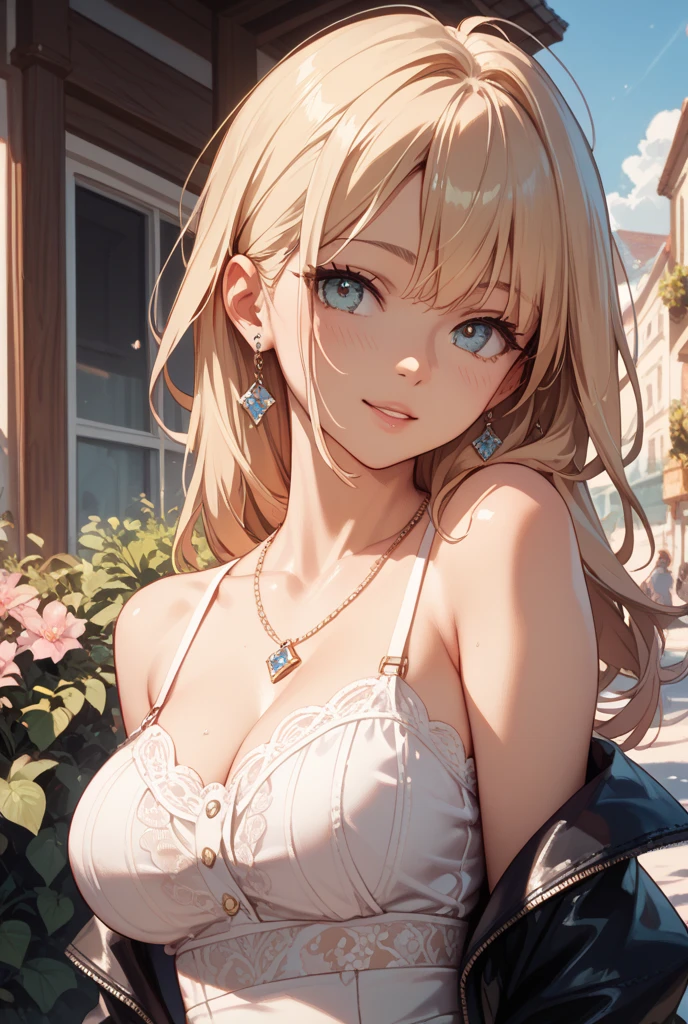 (masterpiece, best quality:1.4), 8k, Close Up, Light Blonde Hair, Medium Hair, Young adult, anime girl, Happy, Teasing, light blue Eyes, Big Chest, white casual College outfit, Holding Bag, (detailed eyes and face, sharp pupils, realistic pupils:0.6)