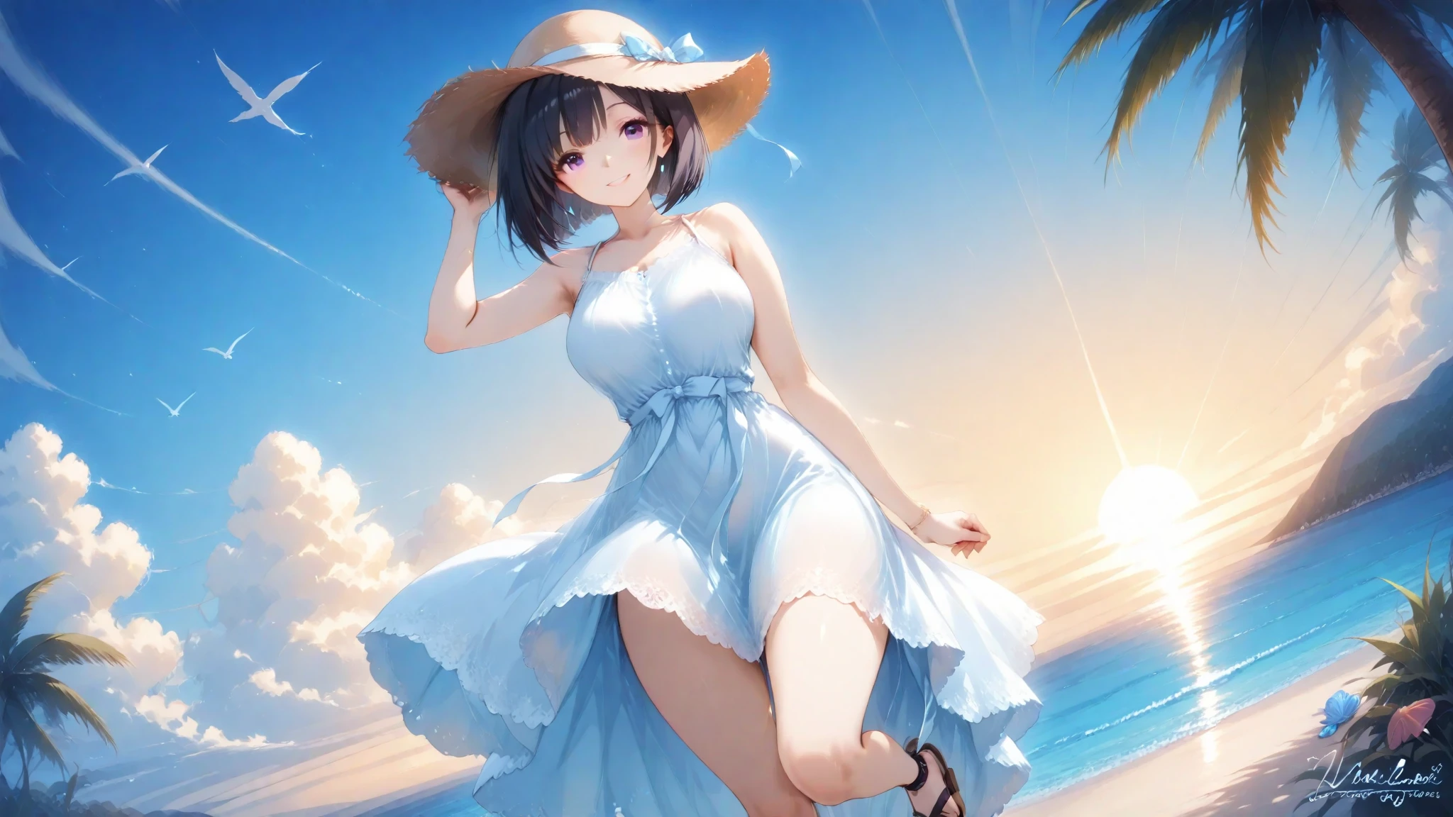 Re:Zero&#39;s Rem、light blue hair、short hair、table top、High resolution、big and full breasts、naughty body、See-through、throw、、whole body、Are standing、Look up at me、confused face、blush、embarrassing、I&#39;m panicking、The shape of a woman&#39;s private parts is clearly visible、I can see your nipples、white skirt、micro mini skirt、very short skirt、bare chest、show your chest、Upper grade、A lot of milk comes out from the nipples、Breast milk gushes from the nipple、very big breasts、show your chest、bare chest、straw hat、white dress、walk on the sandy beach、sunset、Madder sky、sunset beach、seaside、sit on the sand、bangs that cover one eye、pink hairpin、white sandals、from below、Low - Angle