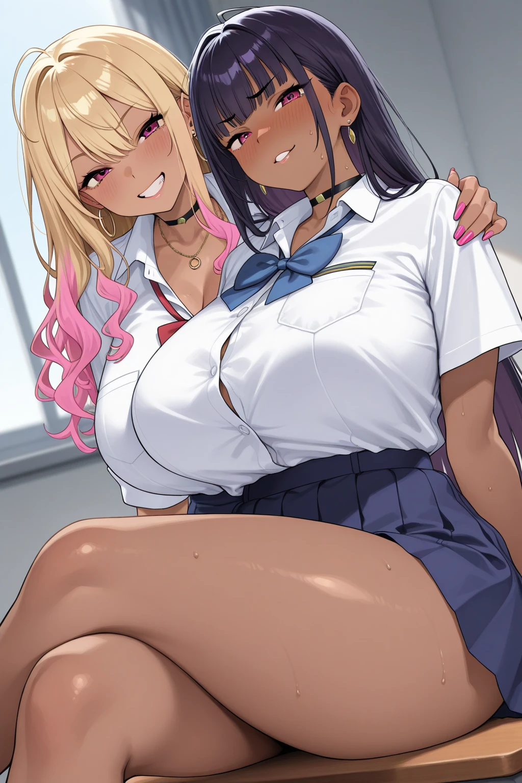 (japanese anime style), mini skirt,(NSFW),(2girls), 2 school girls, female genitalis job each other