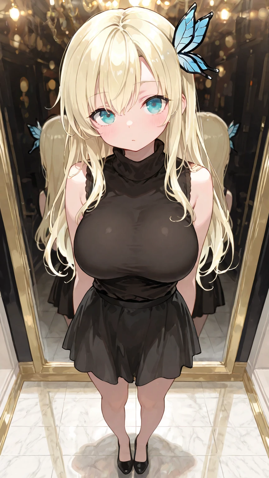 best quality, (masterpiece),(ultra-detailed), (high quality), (high resolution), ((3heads:1.5)), best quality:1.5, highres, UHD, 16K), smiling, highres, masterpiece, ((blonde hair)), (long hair), blushing, ((cinematic particles)), cowboy shot, ((Black dress)), queen dress, sharp looking eyes,