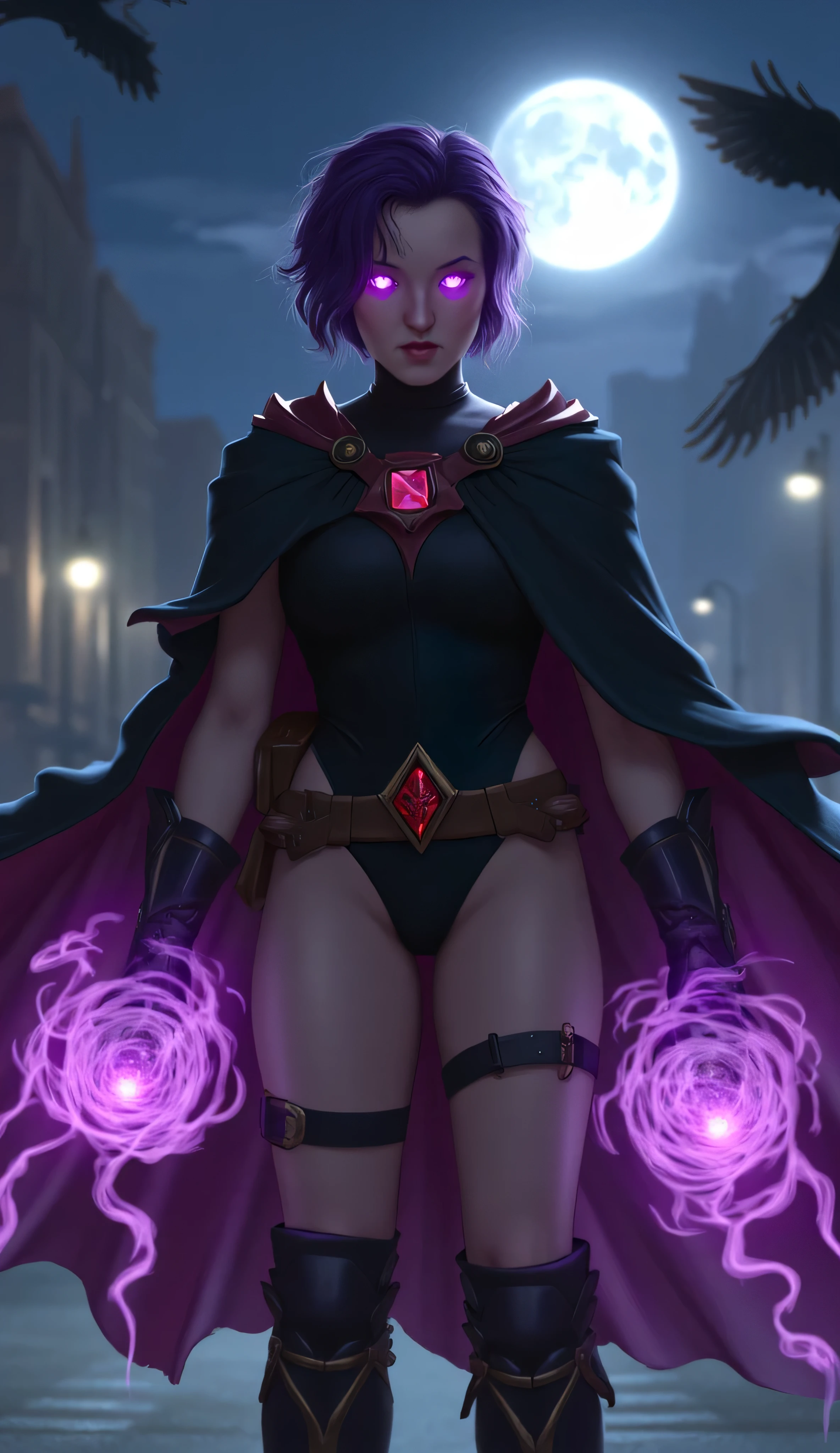 Bella Ramsey as Raven, Teen Titans, DC, highly detailed digital painting, modern dark fantasy style, short violet hair, glowing violet eyes, red chakra gem on forehead, wearing black bodysuit, side cutouts, belt with red gems, armored gloves, thigh-high boots, open thighs, black cloak flowing dramatically in the wind, hands glow with swirling purple magical energy, standing, urban cityscape, at night, under full moon, gothic ravens flying around, mystical powerful and slightly seductive mood, cinematic lighting, glowing magical effects