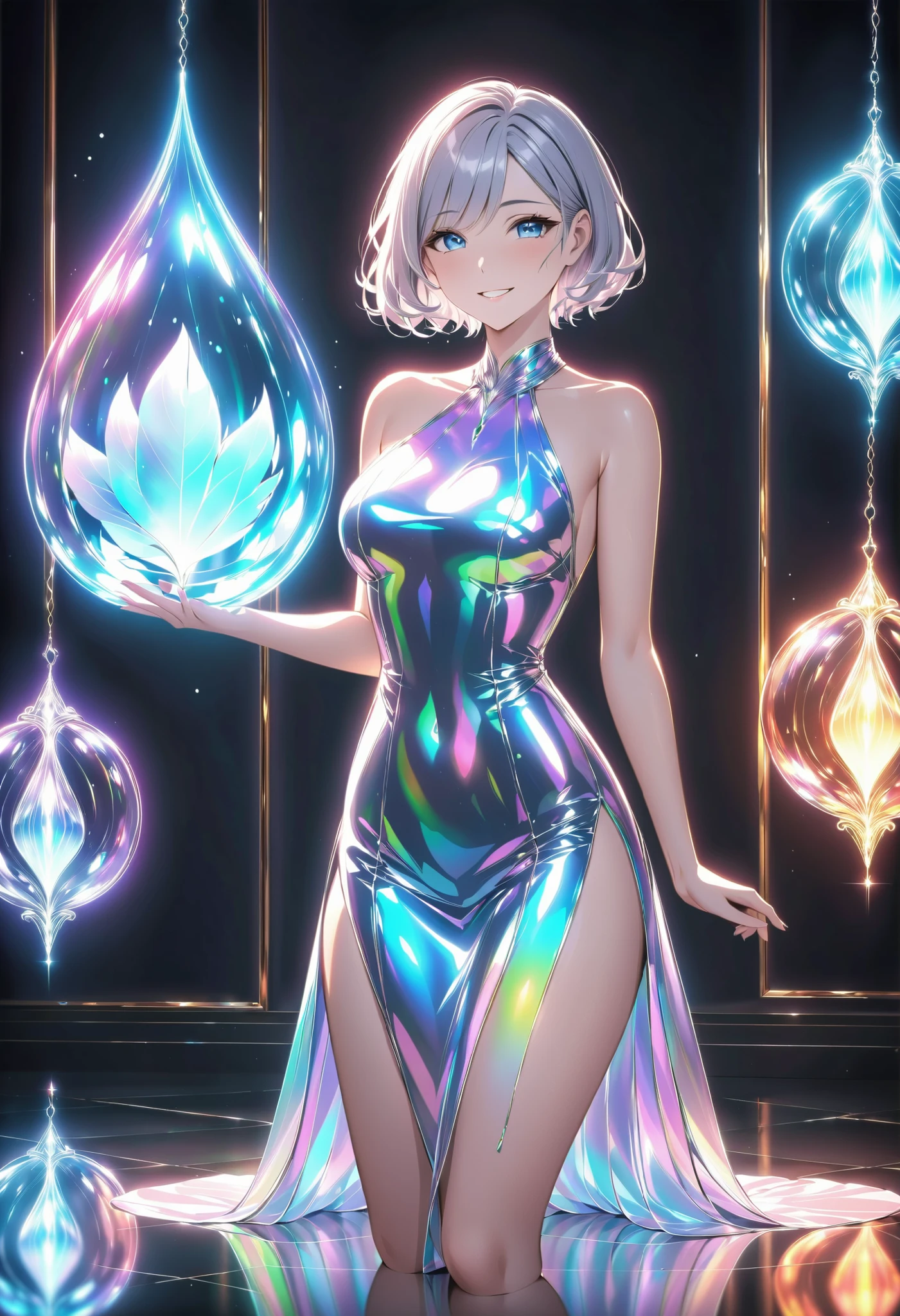 (masterpiece), (best quality), Dolshy in [elegant holographic dress], [mysterious smile], [gentle voidlight glow], {sophisticated ambiance}, , //mature beauty//, 