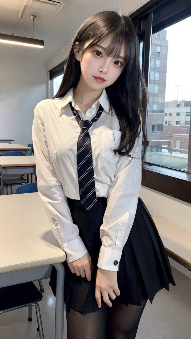 (best qualtiy,4K,tmasterpiece:1.2),Pretty women,1girll,Raised sexy:1.1,dark-blue hair:1.1,Woman in school uniform,Soaked white school uniform,Super detailed face,Detailed lips,A detailed eye,二重まぶた,White miniskirt black stockings,Stand up,full bodyesbian