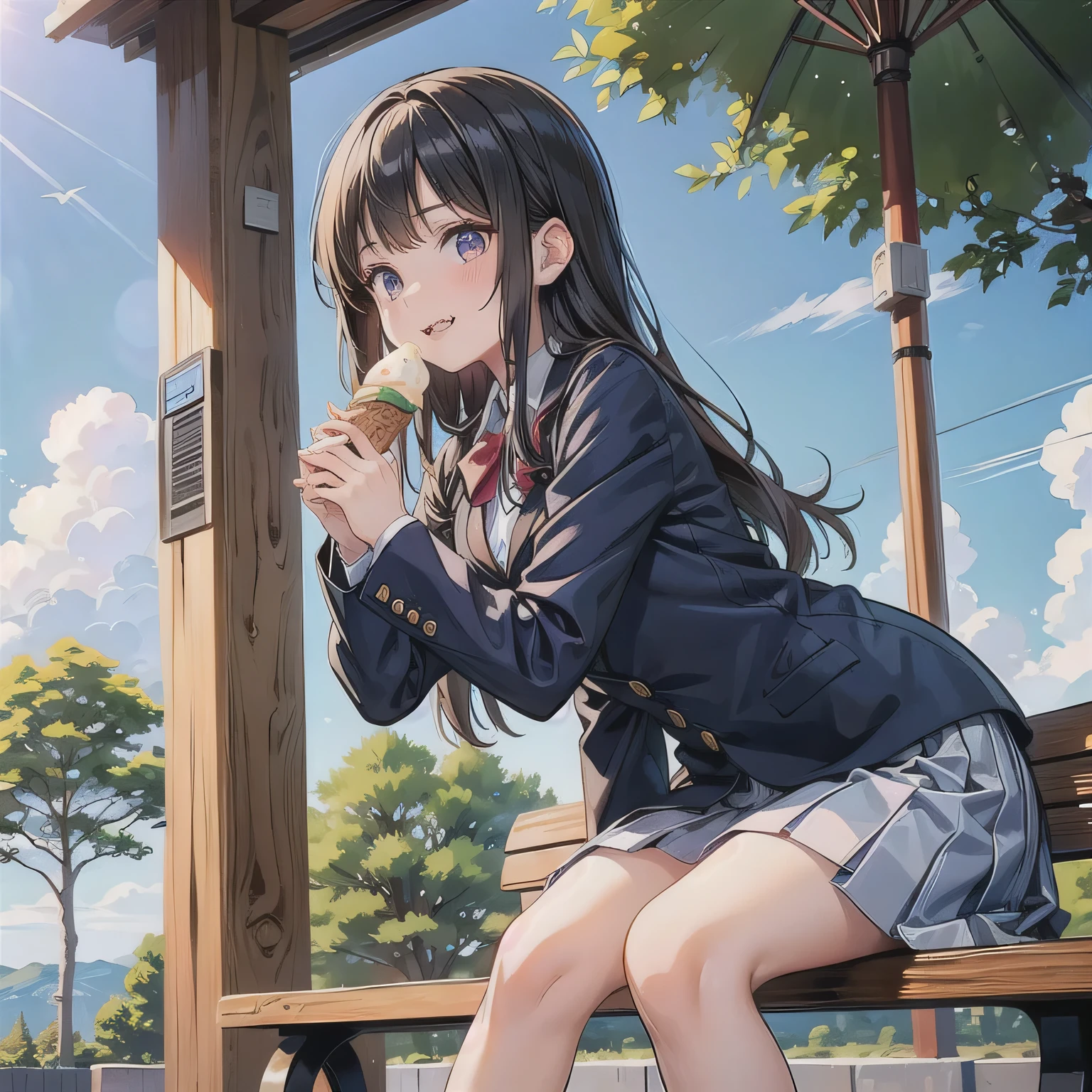 A cute anime-style high school girl wearing a neat Japanese blazer school uniform. She is sitting on a wooden park bench under the clear daytime sky. The girl is holding a rectangular ice cream bar with both hands, firmly yet delicately, and biting it gently with her lips. Her pose shows her leaning forward slightly. The ice cream bar is horizontal and held close to her mouth with both hands, clearly visible. Her eyes sparkle with joy, and her soft smile shows her delight. Green trees and soft shadows add to the peaceful, summery atmosphere. long hair, dark hair, dark eyes.