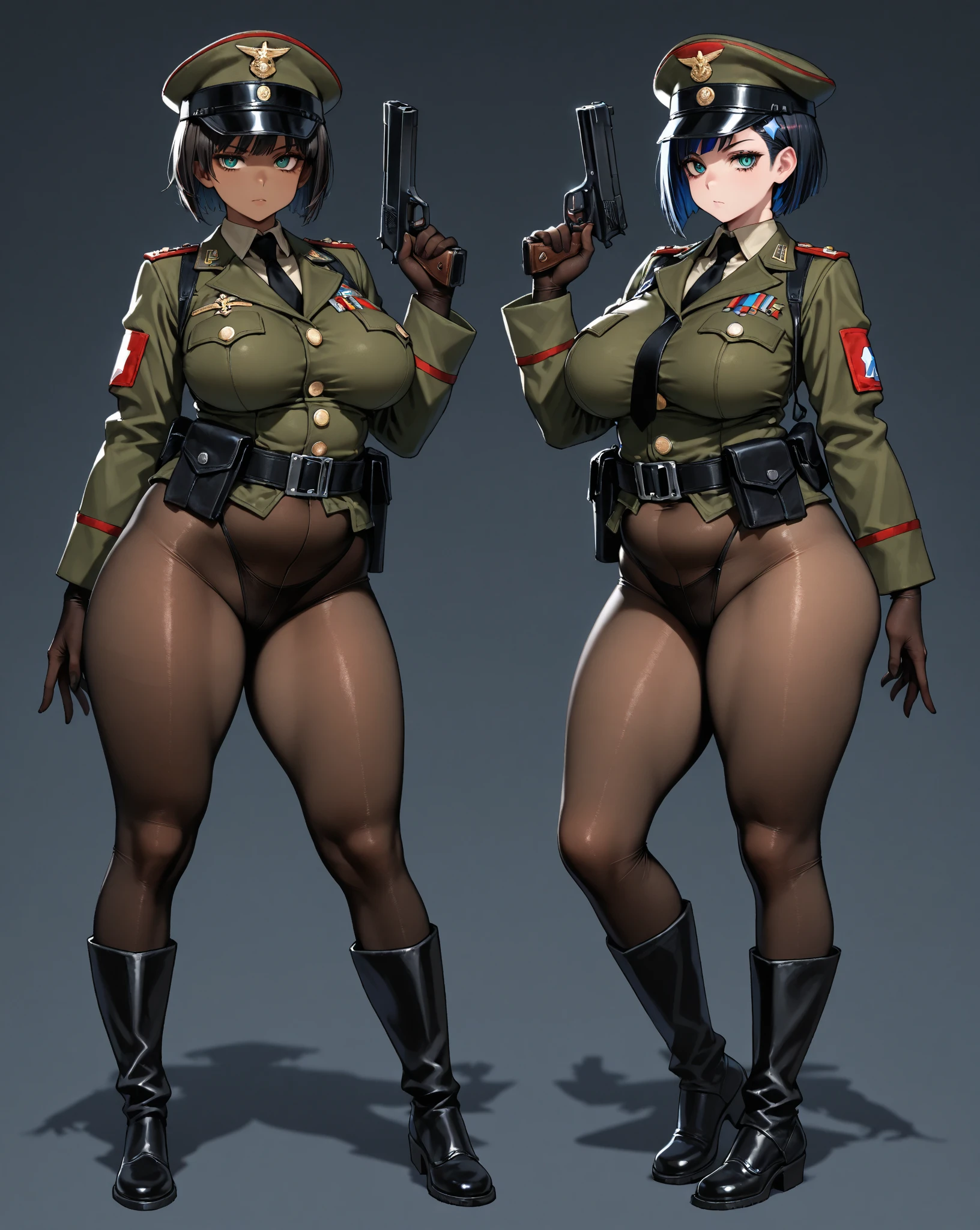 A closeup of a woman wearing military uniform with red accents with blue coat and some other poses, front side and back poses, cutesexyrobutts, woman with short black hair with light blue locks, eyes with bright blue and red tones with vampire iris, pale skin, vampire, pointed ears, muscular!, fit body, gynoid body,sweaty body, perfect body, fit body, abdomen, big breasts, chubby butt, prancing ass, prancing butt, full body concept art, detailed full body concept art, Yusuke Murata style, Ilya Kuvshinov, Oppai proportions, official character art, uniform, full body concept, (best quality, masterpiece) a cute chibi girl,