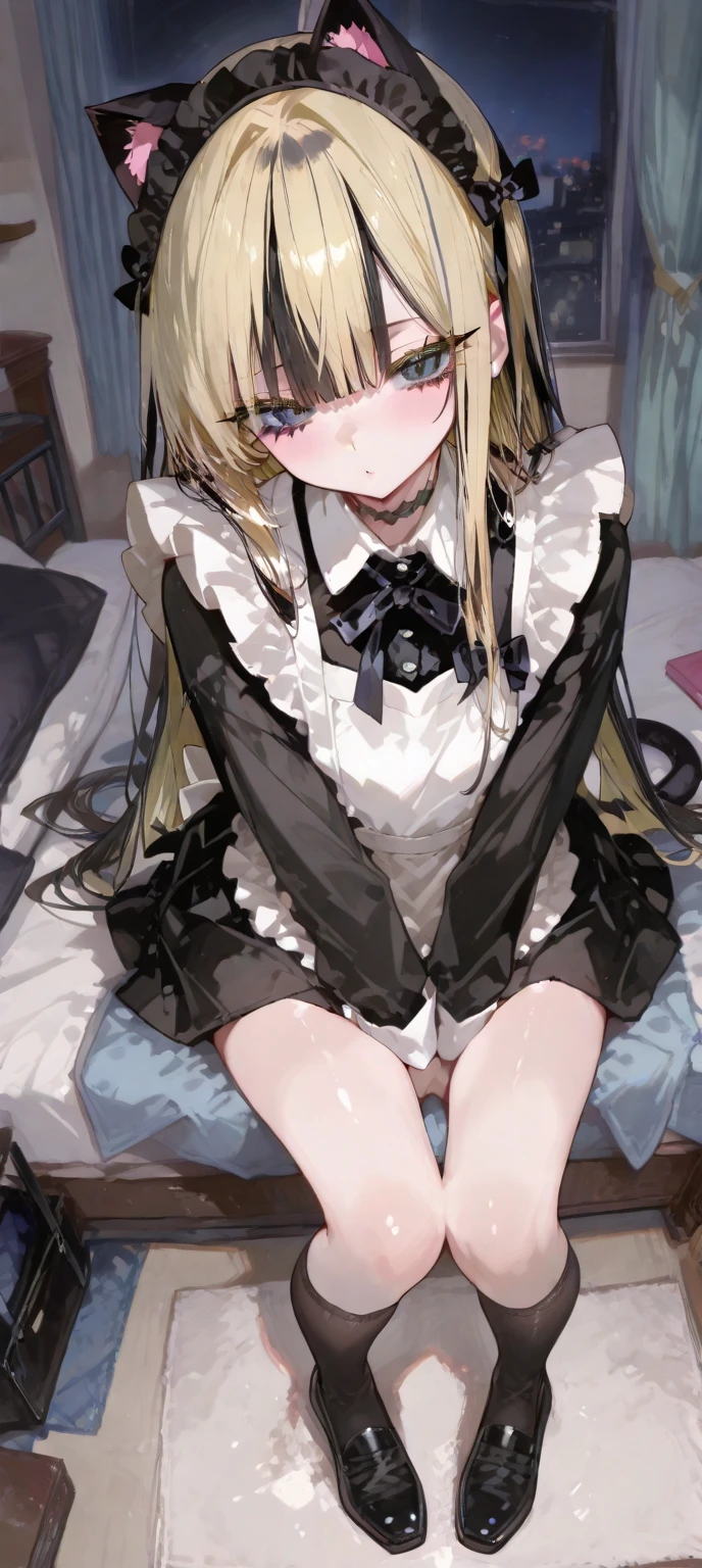 masterpiece, Pale pink eyes, Best Quartet, Best Kwaito, (child), (Naf), (Thin maid uniform), Bedroom, Dark Room, lanthanum, Pale Light, Are standing, 、、blonde、blonde、Long Hair、Long Hair、Cool face、(drawer)、(sit:1.2)、(Hold on tight to your skirt、Skirt Lift、Lift up the skirt)、(Small Breasts 1.2)、(Pussy in full view:1.5)