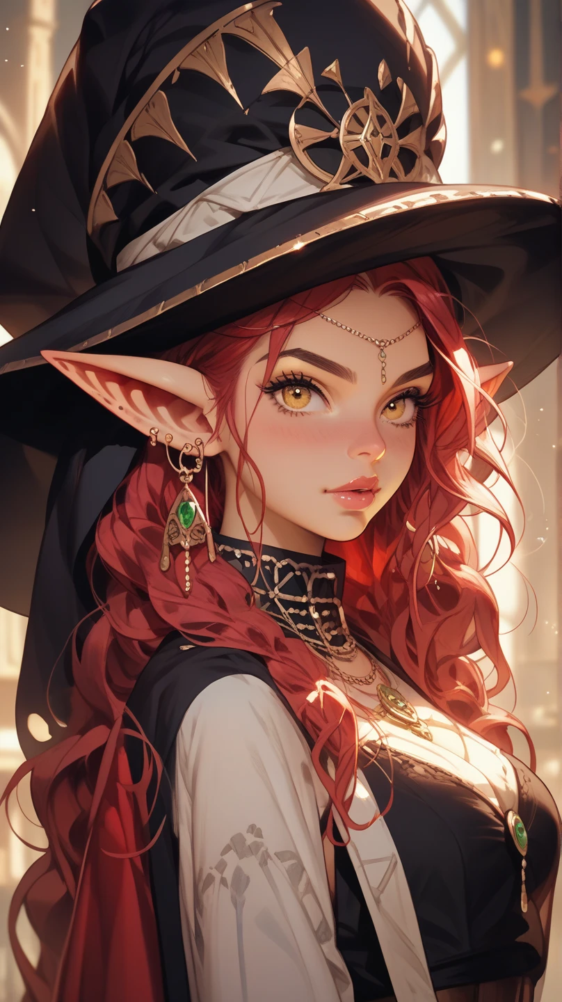 ((big breast, big hips)), beautiful female, long elf ears, redhead hair, long hairstyle, smiling expression, {red} {very big} witch hat, ({red} pelvic curtain dress), {red} long gloves, tight high leggings wear with garter belt, perfect creation, perfect art, highly detailed, detailed art, masterpiece, perfect creation, perfect art,
