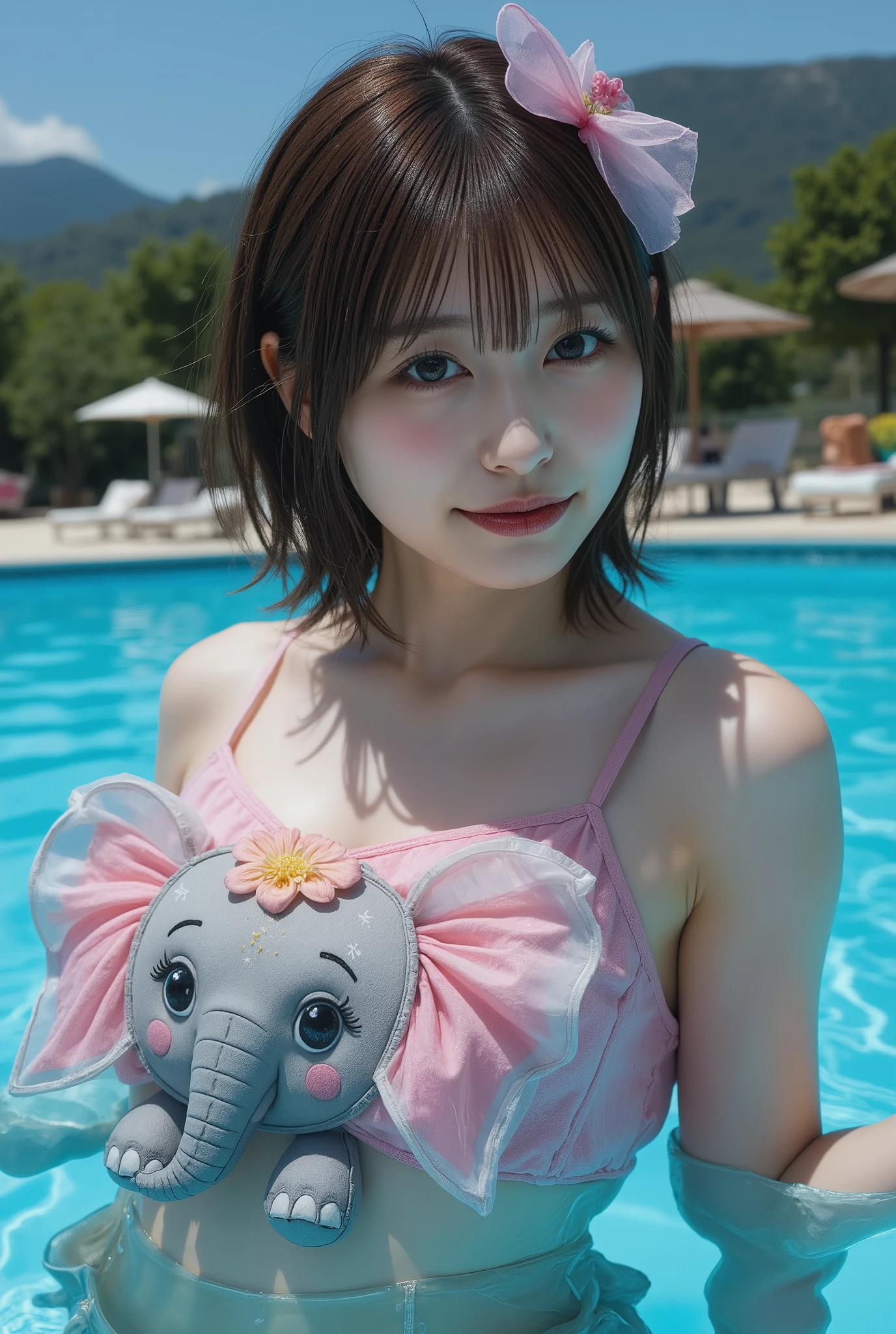 Tokyo Disney City〜, highest quality, realistic, Super detailed, finely, High resolution, (8K), 1 beautiful woman,, light brown messy hair, She is wearing a punk t-shirt and bikini.), sharp focus, perfect dynamic composition, beautiful and detailed eyes, thin hair, Detailed realistic skin texture, smile, , model body、(Full body to toes:1.4)、((Mickey's Ears))、(cloud level shot)、(side standing、looking forward to it)、(白い歯を見せるsmile)、(side shot)、(Mickey Mouse)、(Minnie Mouse)、(with)、