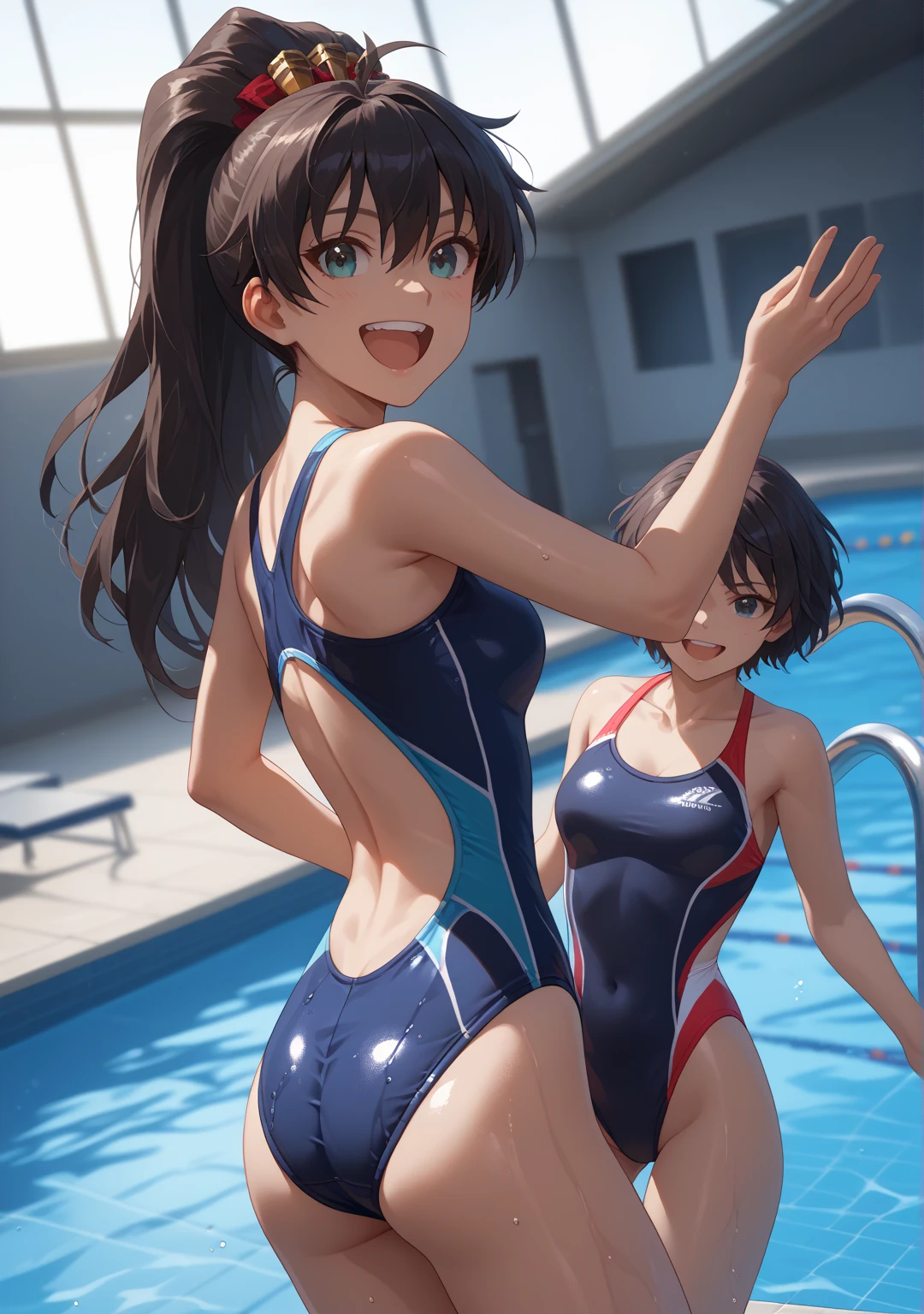 masterpiece, best quality, lineart, anime screencap, sketch, (3girls, multiple girls:1.4), (multiple girls are having a pool party:1.5), (they are all wearing different colored swimsuits, bikinis:1.4), (smiling, smile, swimming, jumping into the water:1.5), light particles, (scenery, pool, swimming pool:1.3),