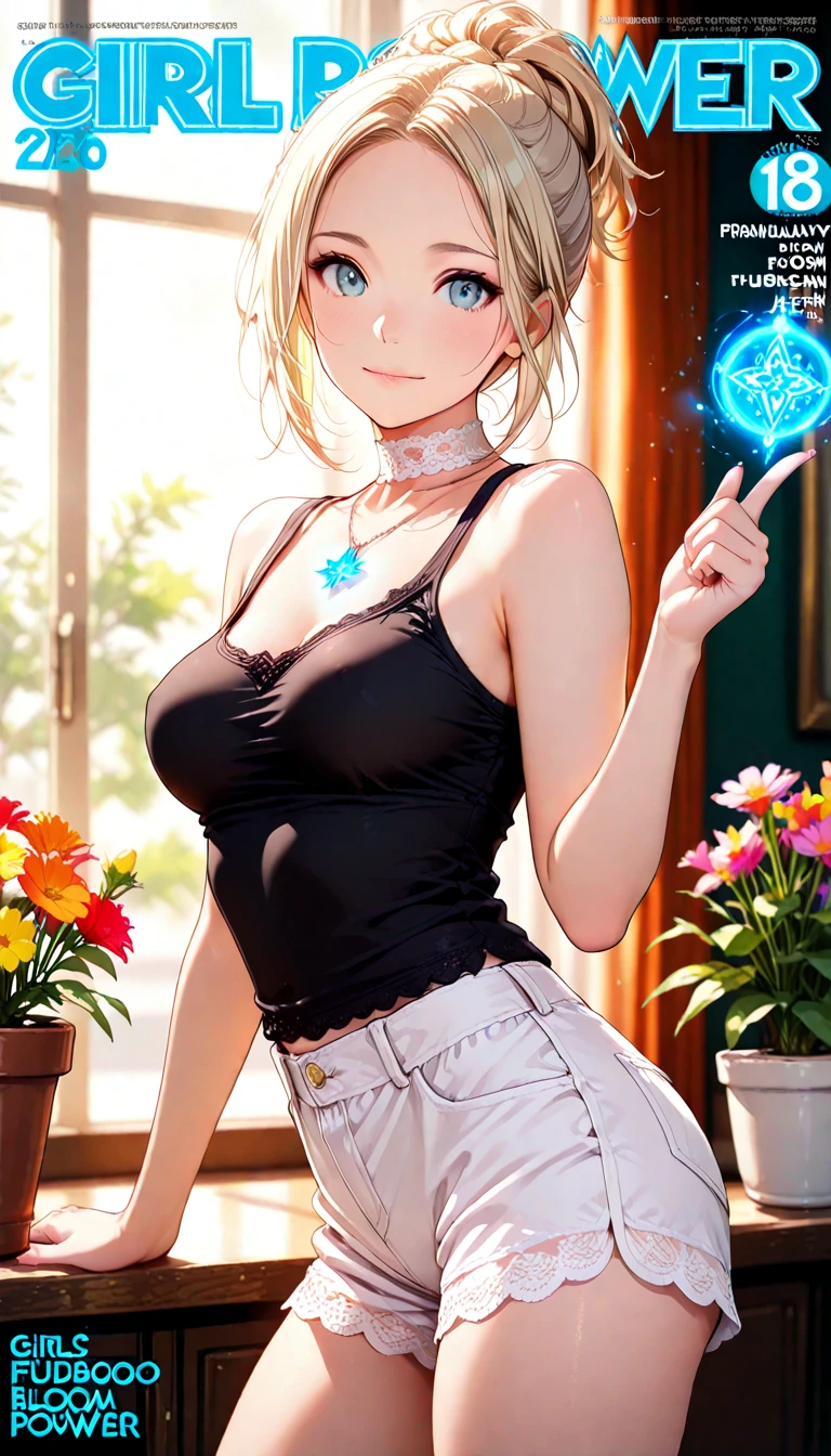 Masterpiece,Highest quality,8k,Ultra-high resolution,appropriate margins,lighting,Photograph the whole body,BREAK,1 person,Very beautiful adult woman,Slim body,Very ample large breasts,Deep cleavage,Moisturized Skin,BREAK,(Golden Hair),(hair band),Forehead,mascara,Red eyeliner,Light pink lip,Thin teak,Thin eyebrows,BREAK,Light purple eyes,BREAK,Cute expression,BREAK,Long Hair,Half Up,BREAK,(Tank top),(Denim shorts),(black tights),BREAK,Eye contact