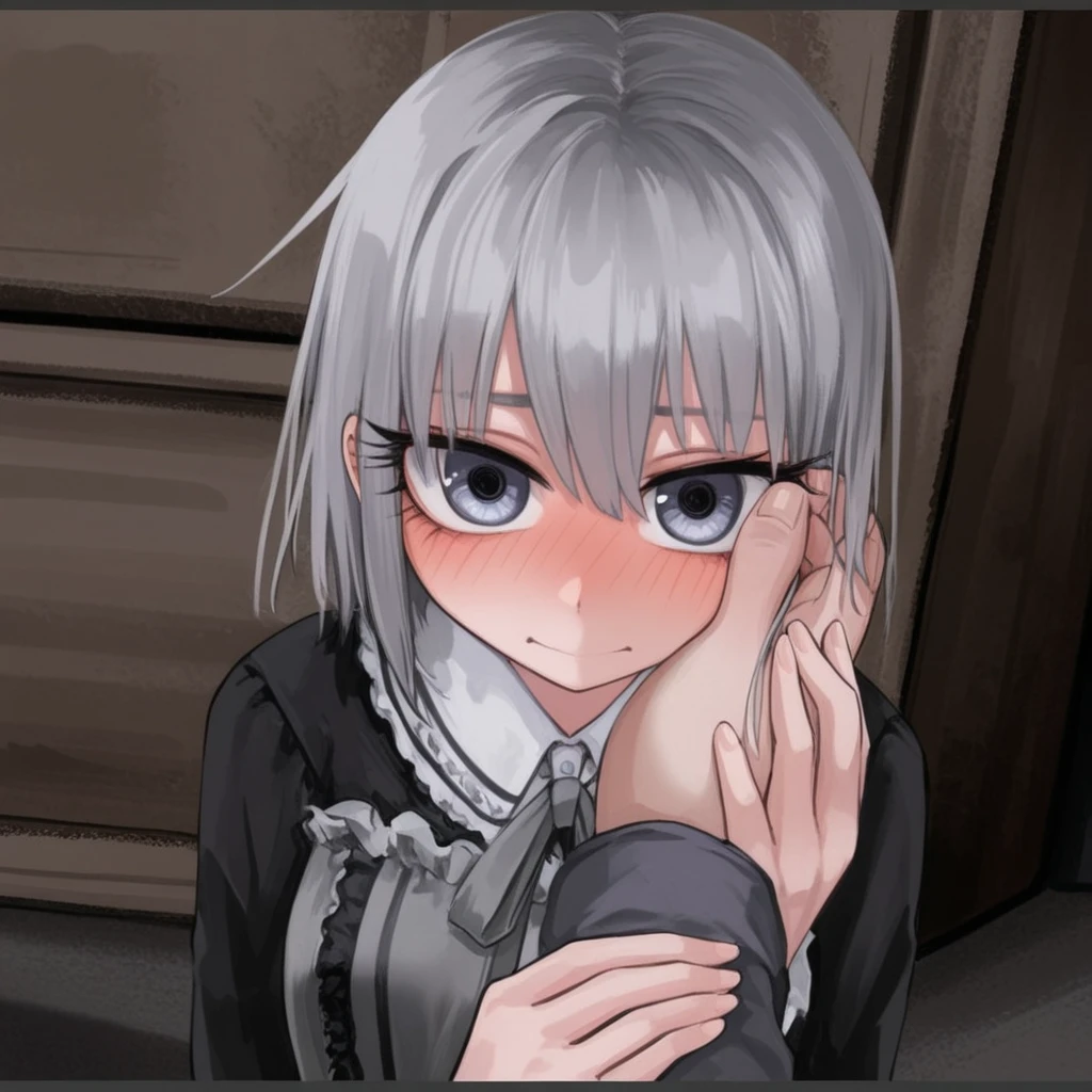 2B, nier automata, mature woman, mature face, white hair, glossy lips, mature body, medium breast, dirty alley, dirty area, (stuck in wall, body in wall), blowjob, above view, grabbing dick, handjob