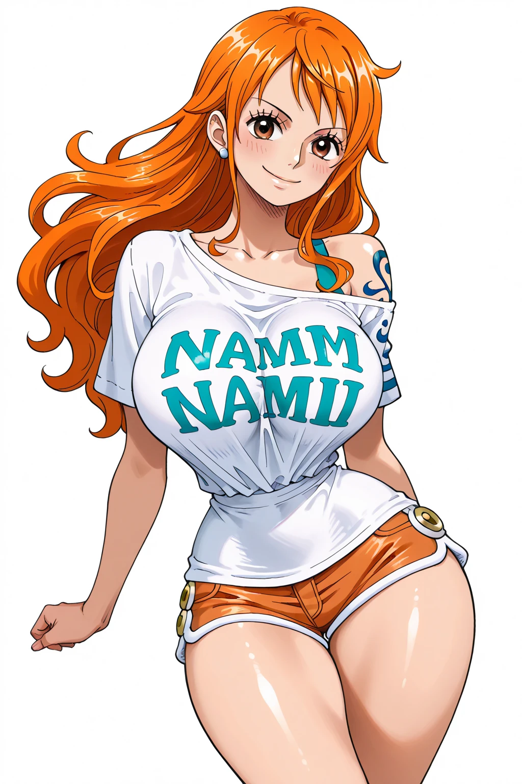 a cartoon picture of a woman in a bikini top and jeans, nami one piece, nami from one piece, nami, beautiful portrait of nami, from one piece, oppai, blue eyes, smoking, ponytail, nsfw
