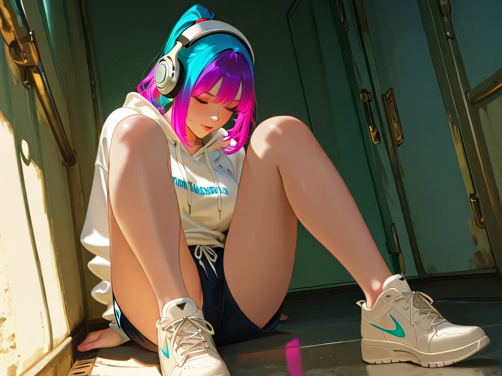 (digitial painting),(best qualtiy),Blind box toy style,A little girl with sunglasses looking at her phone,tidal current,Pink hair with headphones,Wearing pink suspenders and ripped pants,white backgrounid,cruel, --auto --s2