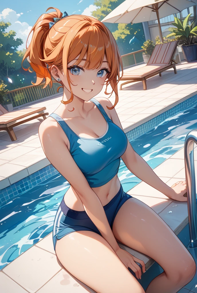 Misty from Pokemon, Hot swimsuit, Sexy pose Wet, besides a Pool, Smiling and red face