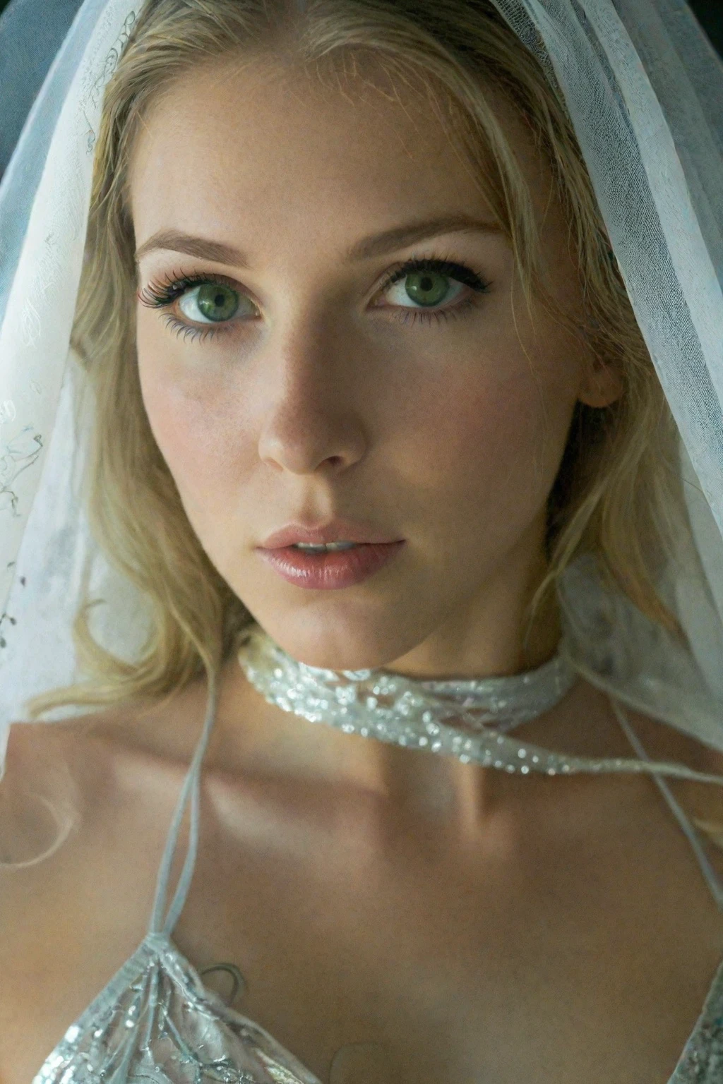 A beautiful blonde woman in a green dress and a veil covering her face