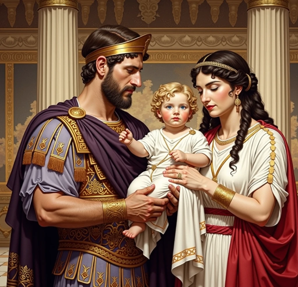 painting, Julius Caesar and Cleopatra, Cleopatra portrayed as young 22 years old, holding a baby, em seu palacio, they are close to each other as if they were going to kiss, The  is on Cleopatra&#39;s lap, painting depicts them as father and mother, showing your sovereignty, 
