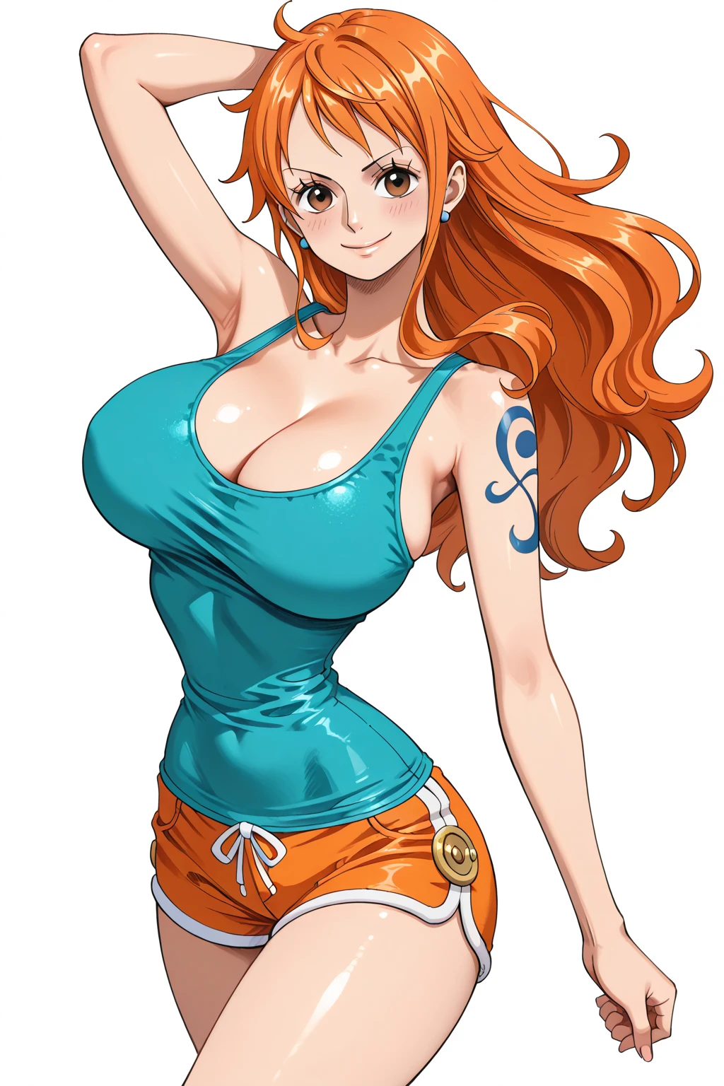 Create a high-resolution, photorealistic image of Nami from One Piece. She has an oval-shaped face with large, expressive light brown eyes, a small nose, and thin lips. Her bright orange hair is long and wavy. Focus on her slim, well-proportioned body, featuring a narrow waist and a prominent chest. Nami is depicted as a tall, slim teen girl with sexy hips, slim abs, and pinkish-white, healthy glowing skin. She stands approximately 170 cm tall and bears a Nami tattoo on her left shoulder. The scene should capture her in a half-body pose with a small smile, hands and arms relaxed, blushing cheeks, and free-flowing hair, set against a backdrop of clouds in the sky, smiling at the viewer. The artwork should be of the highest quality, with ultra-detailed, realistic features, including fine facial details, realistic skin texture, and vivid colors, suitable for HDR, UHD, and studio lighting. This prompt is formatted for use with Stable Diffusion without additional punctuation marks.
