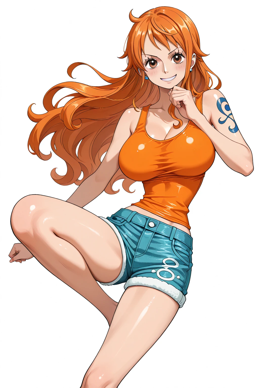 by Pixar, One Piece anime character,Nami,Eastern European mixed race sweet face,Preserve character details,,Long flowing orange hair,Wearing a green striped bikini,skintight jeans,Sea backgroun,,pirate ships, (enchanced quality:1.4),(Top quality true texture skin), Delicate face