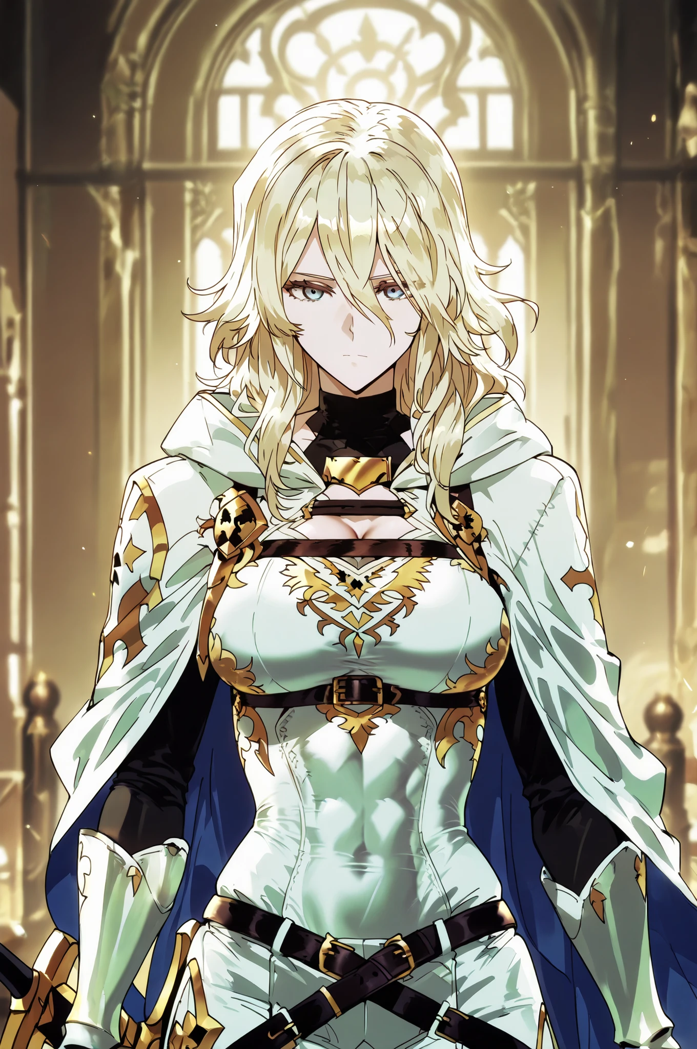 Solo; 1 Shokolade, jormugand Shokolade, athletic toned body, wears a blue armored hooded cloak that drapes over a rugged tunic, giving off a medieval or fantasy vibe, straps and belts wrap around the chest and waist, securing a sword at their side. The chest area of the garment is notably worn and frayed, a smiling in a gentle expression, color palette adds depth to the scene, evoking a sense of fantasy and nobility