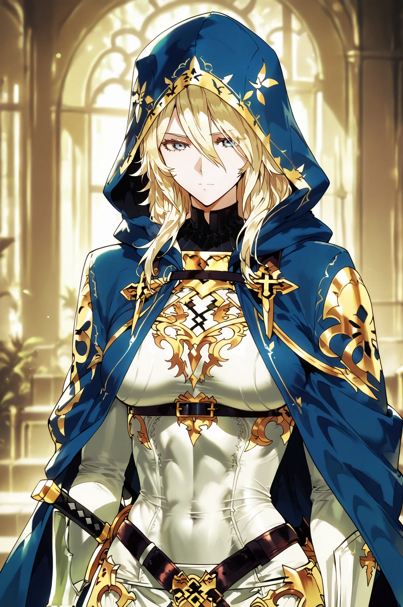 Solo; 1 Shokolade, jormugand Shokolade, athletic toned body, wears a blue armored hooded cloak that drapes over a rugged tunic, giving off a medieval or fantasy vibe, straps and belts wrap around the chest and waist, securing a sword at their side. The chest area of the garment is notably worn and frayed, a smiling in a gentle expression, color palette adds depth to the scene, evoking a sense of fantasy and nobility 