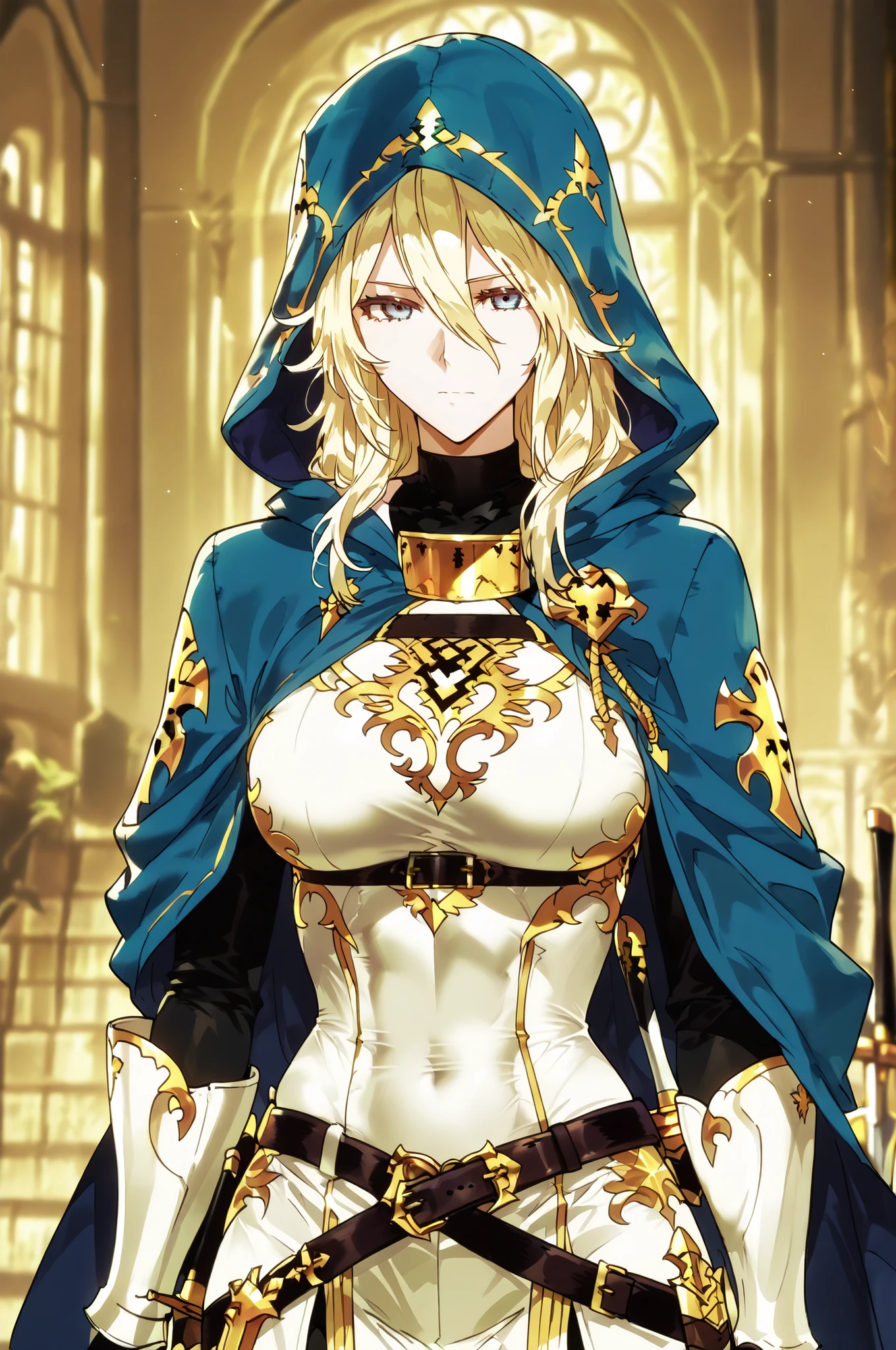 Solo; 1 Shokolade, jormugand Shokolade, athletic toned body, wears a blue armored hooded cloak that drapes over a rugged tunic, giving off a medieval or fantasy vibe, straps and belts wrap around the chest and waist, securing a sword at their side. The chest area of the garment is notably worn and frayed, a smiling in a gentle expression, color palette adds depth to the scene, evoking a sense of fantasy and nobility