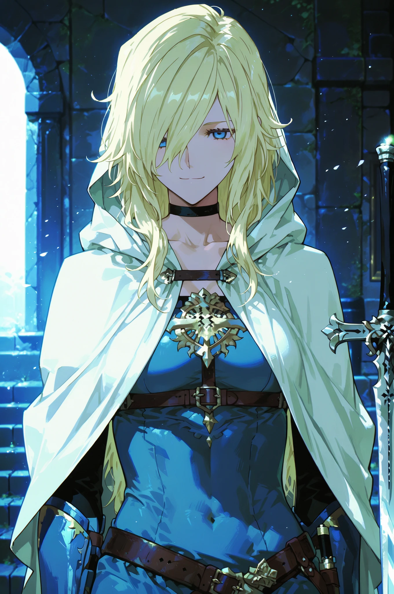 Solo; 1 Shokolade, jormugand Shokolade, athletic toned body, wears a blue armored hooded cloak that drapes over a rugged tunic, giving off a medieval or fantasy vibe, straps and belts wrap around the chest and waist, securing a sword at their side. The chest area of the garment is notably worn and frayed, a smiling in a gentle expression, color palette adds depth to the scene, evoking a sense of fantasy and nobility 